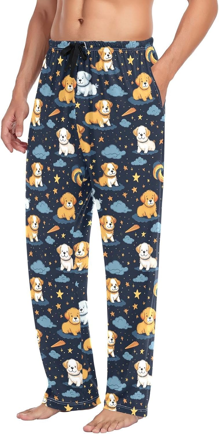 ALAZA Cute Puppy Dogs Moon Stars Men's Pajama Pants Men Cotton Pajama Bottoms with Pockets, S