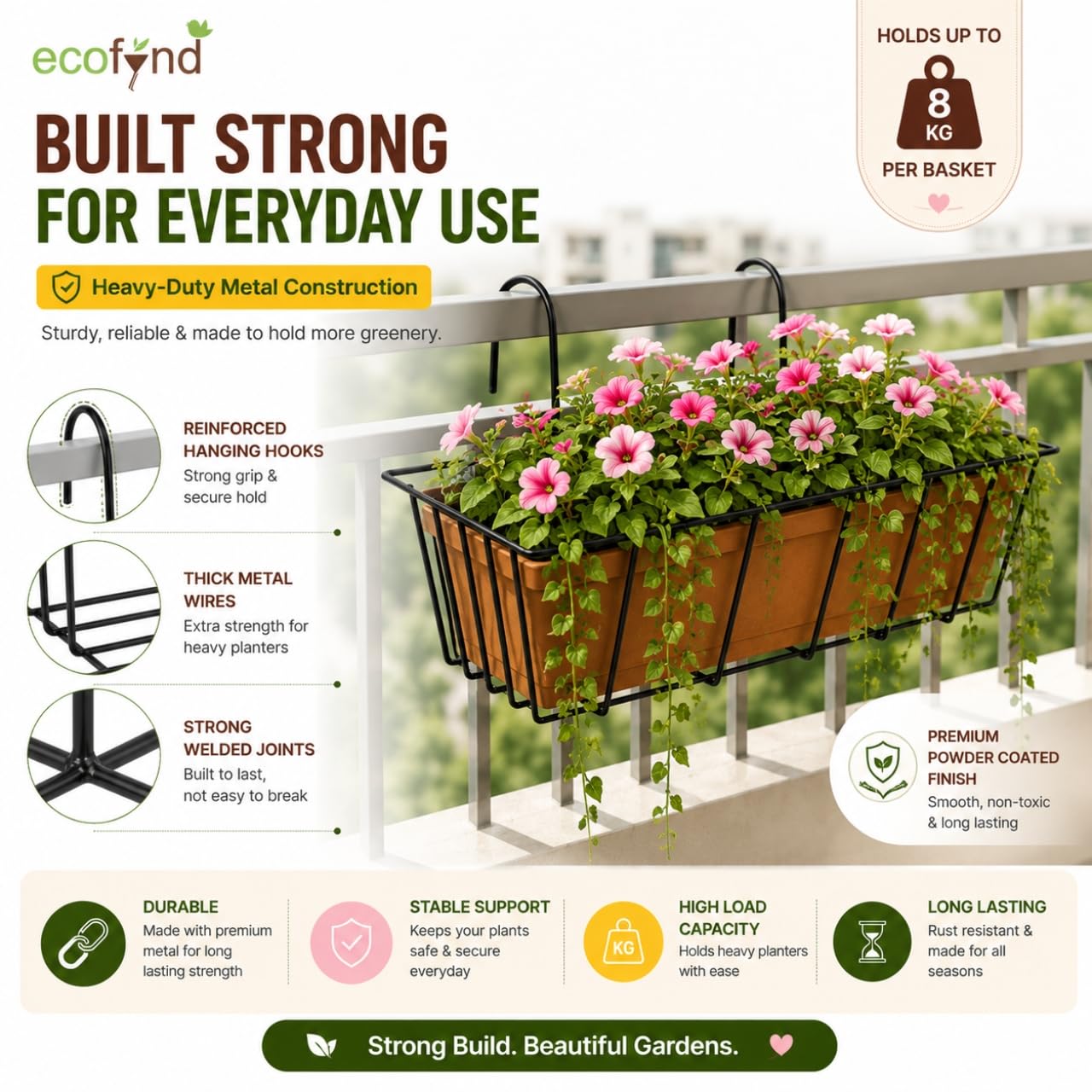 Hanging Flower Pot Stands - Balcony & Railing Planters -4