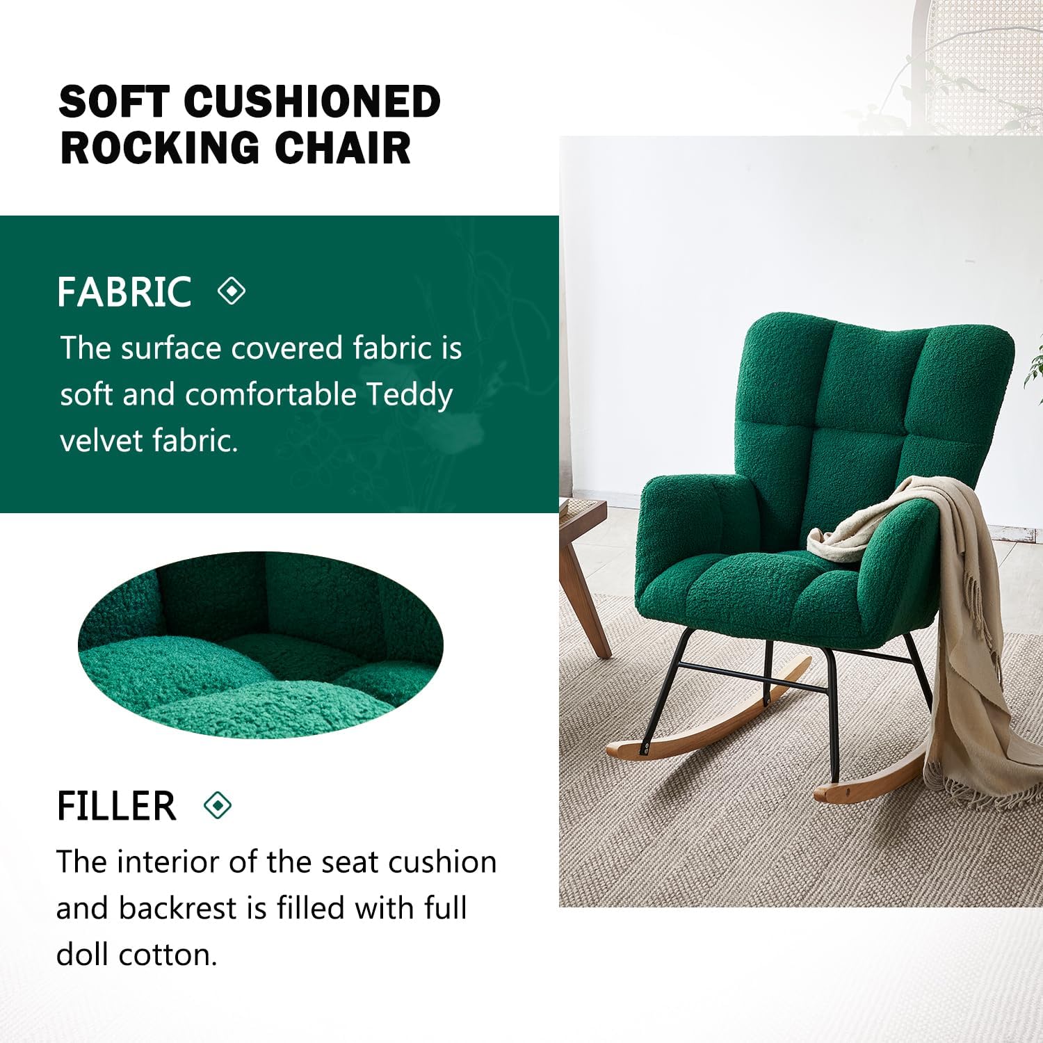 Virabit Modern Green Teddy Fabric Rocking Chair Glider - Cozy High Backrest Nursery Rocker, Perfect Accent Recliner for Living Room, Bedroom, and Reading Nook