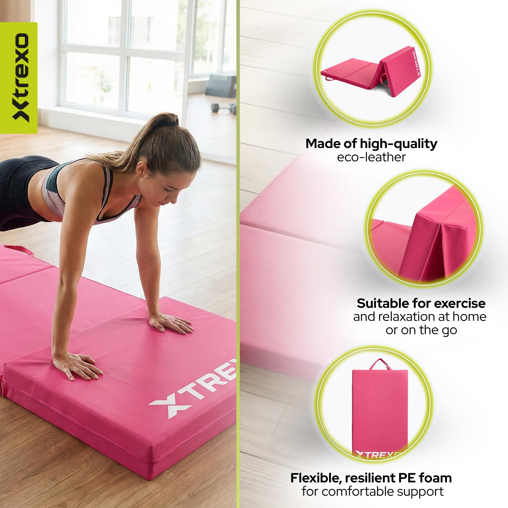 TREXO – Tapis de Gymnastique Pliable 195 x 80 x 5 cm 4-Panneaux – Tapis d’Entraînement Portable avec Poignée, Mousse EPE & Revêtement Similicuir – Rose
