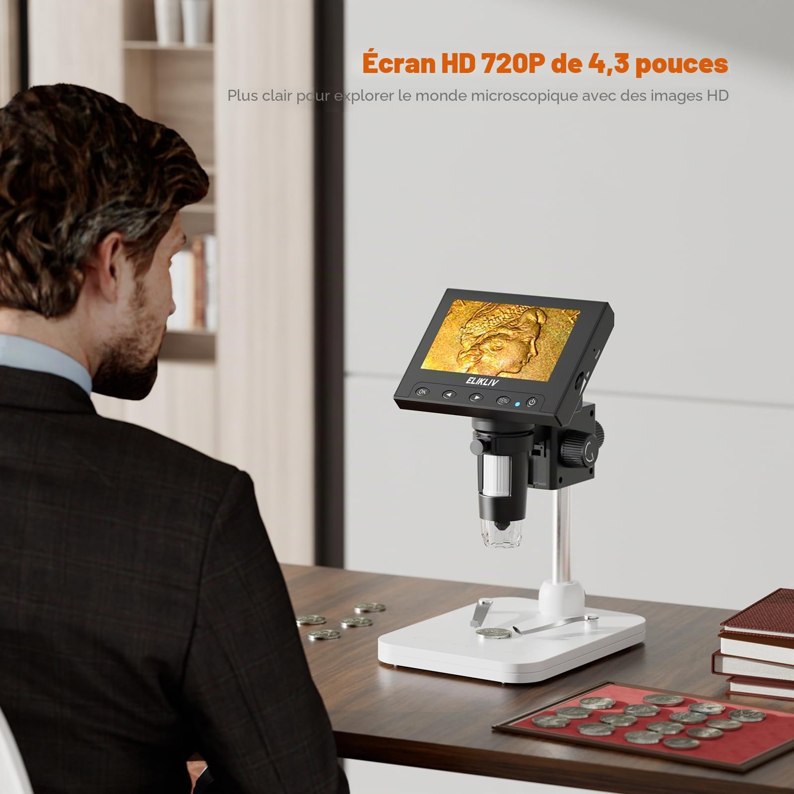 Elikliv Microscope numérique LCD pour pièces de Monnaie 1000x, Loupe avec 8 LED réglables, Vue PC Compatible avec Windows, EDM4, 4,3 Pouces