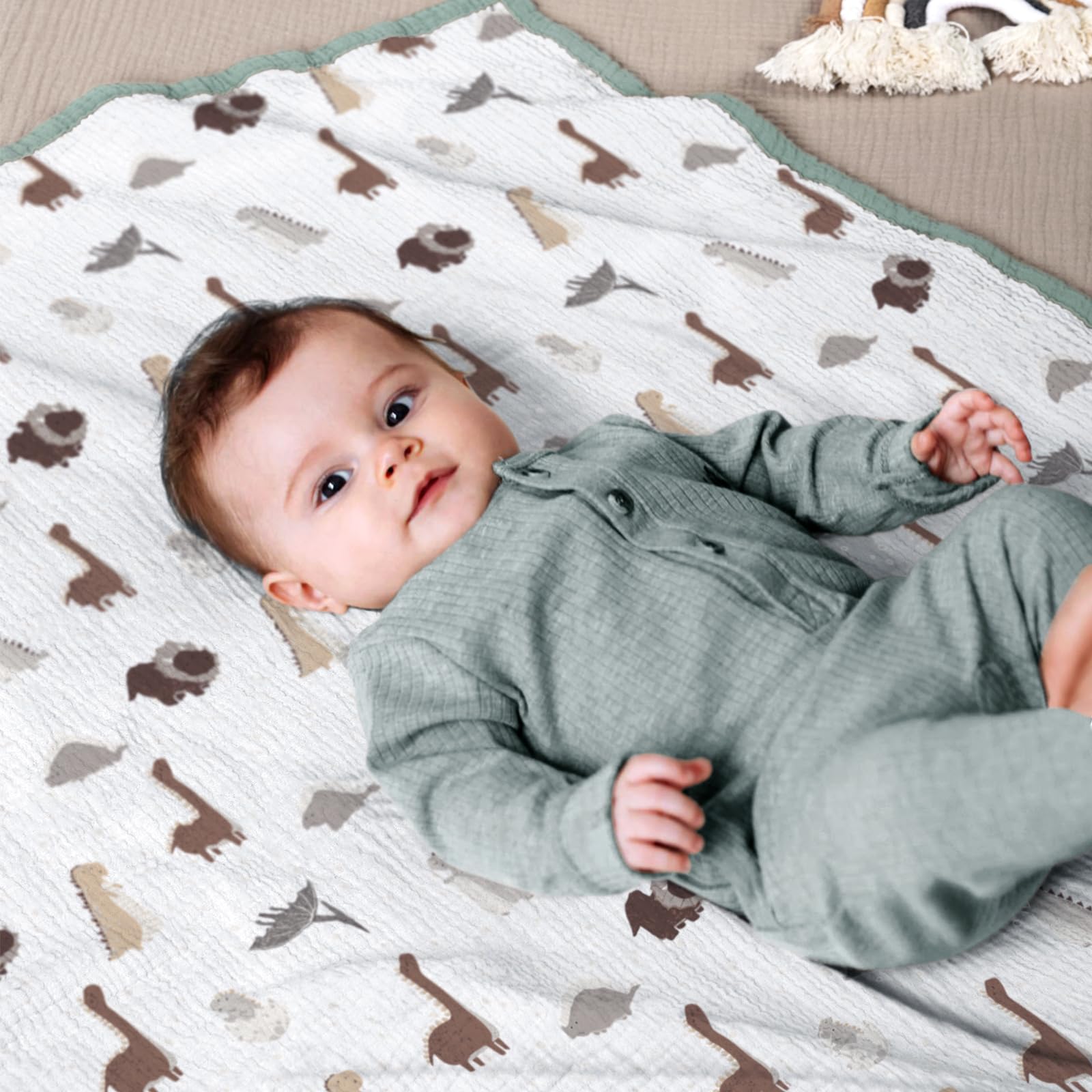 lulumoon Manta de muselina para bebé, manta de algodón para niños pequeños, manta reversible para cuna de bebé, niños y niñas, 47 x 47 pulgadas (dinosaurio salvia)