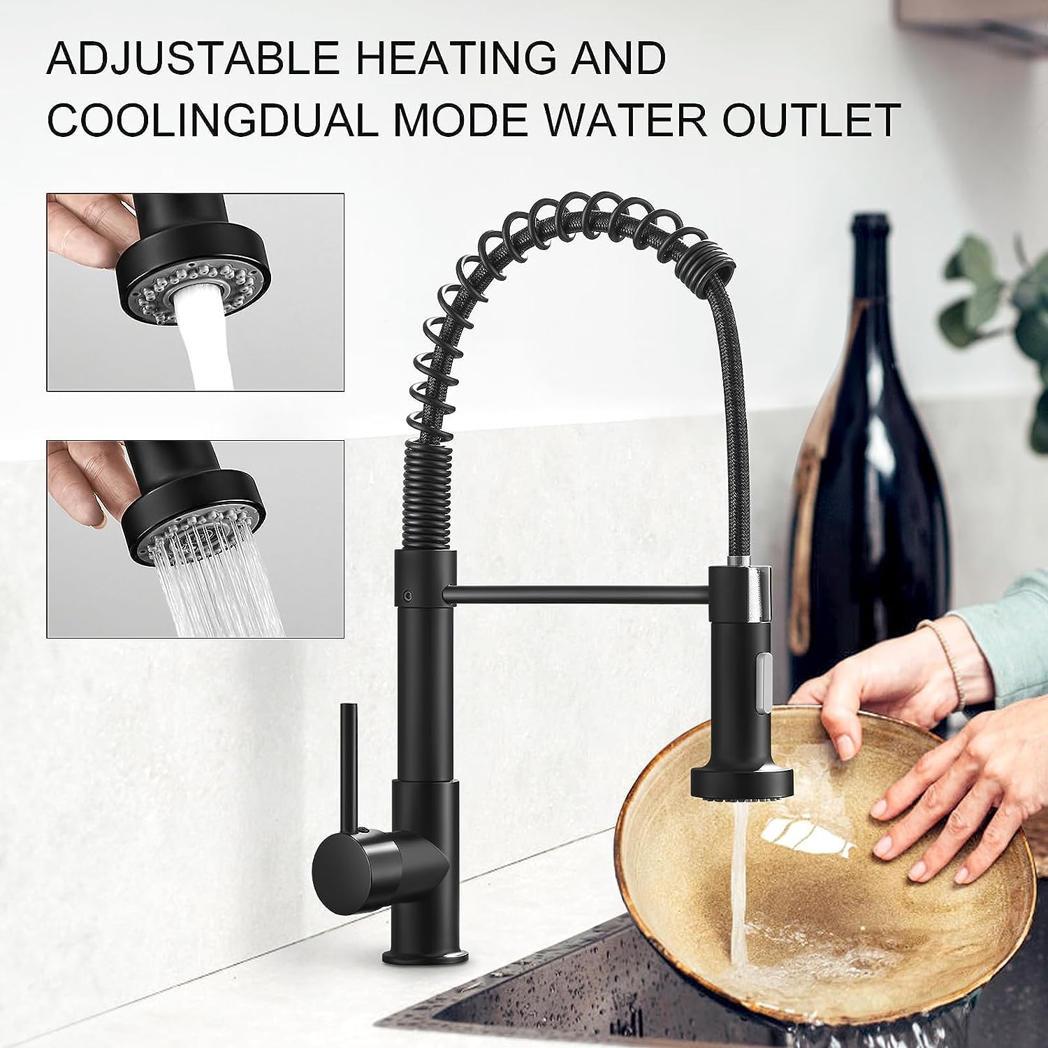 STANEW Grifo Cocina Negro, Grifo Cocina Fregadero con Ducha Extraíble Giratoria 360°, 2 Modo de Pulverización (negro)