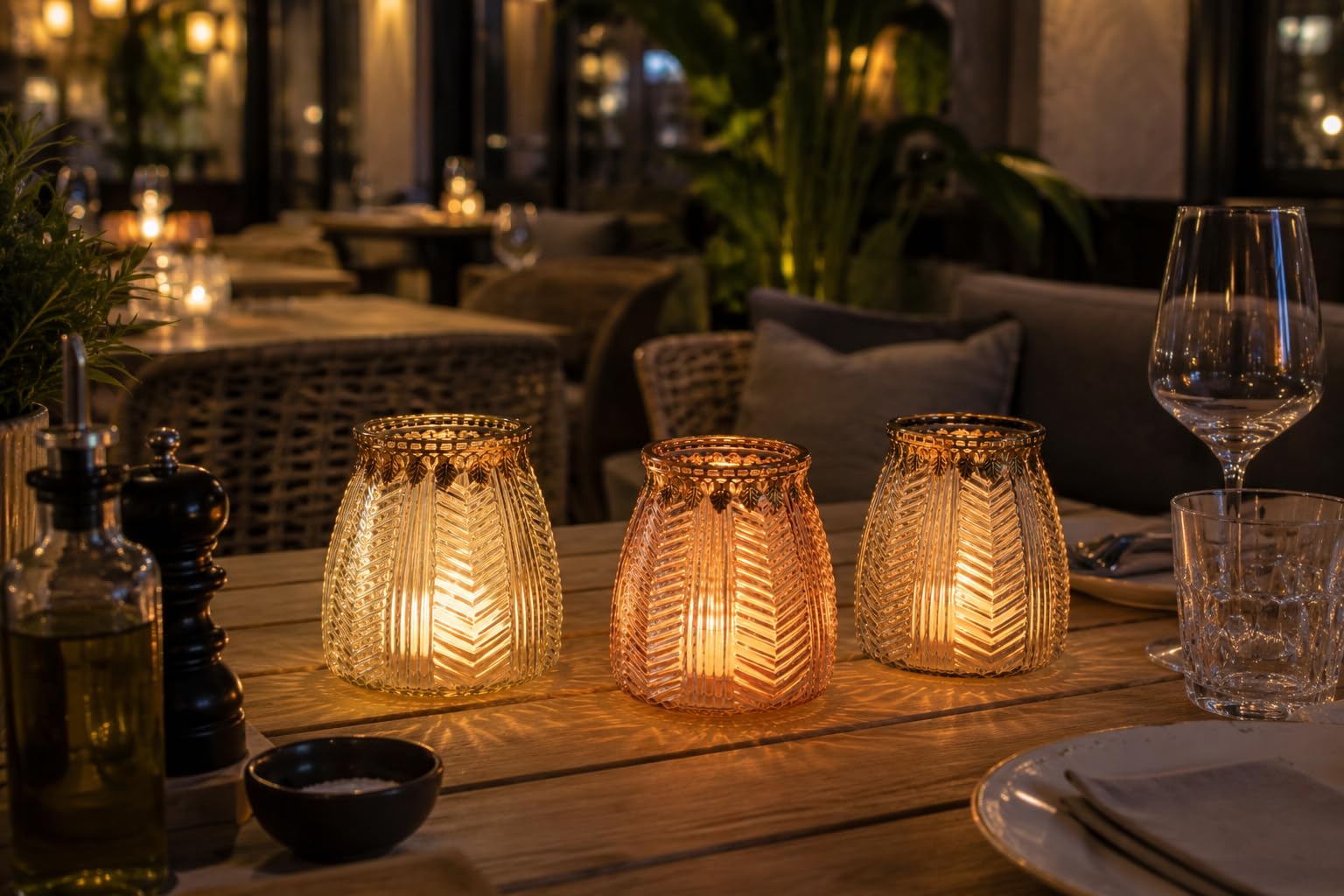 Windlicht 3er Set aus braunem Glas in Bernsteinoptik mit Goldrand