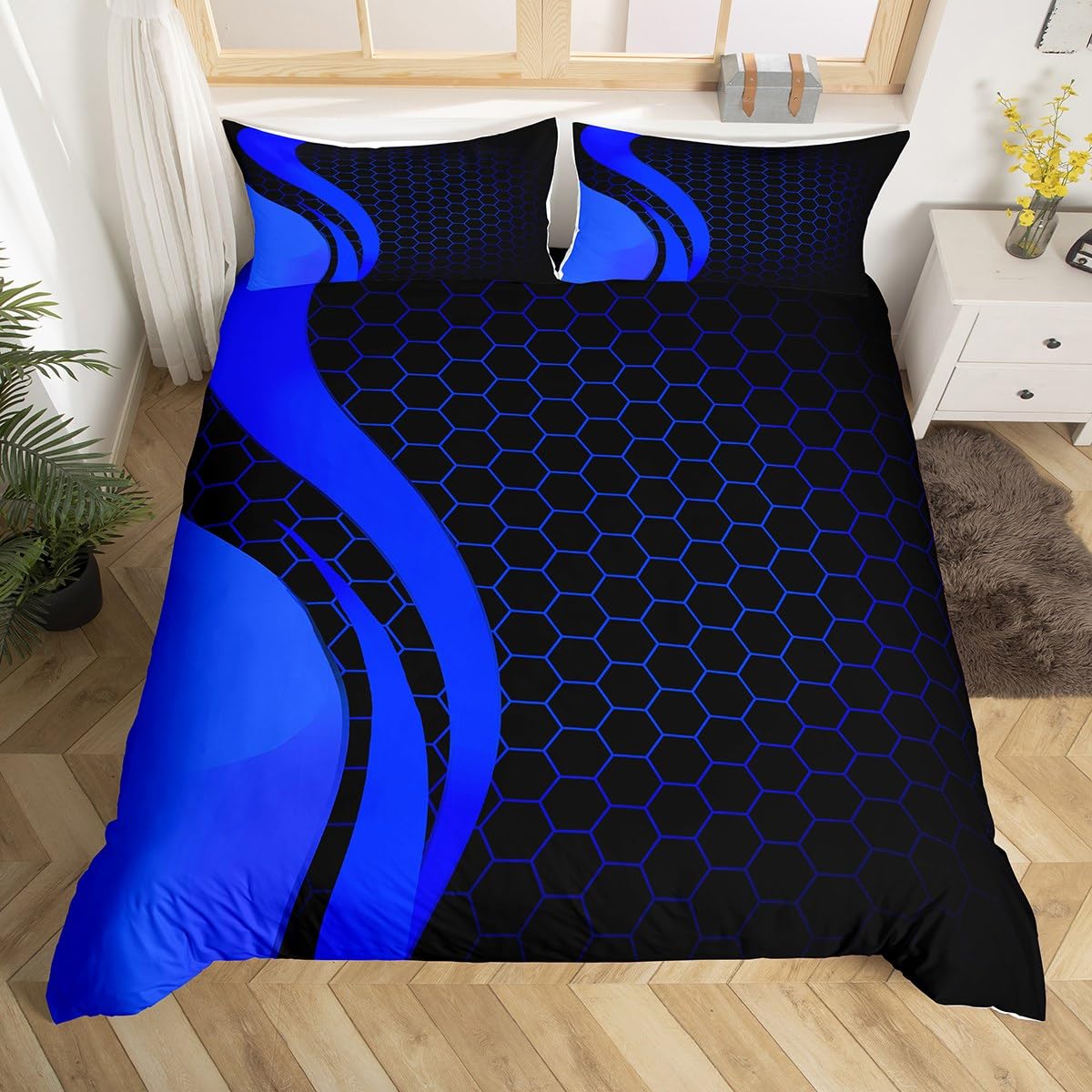Geometry Bedding Set Geometry Honeycomb Comforter Cover for Kids Boys Girls Teens Hexagonal Geometrical Blue Black Duvet Cover Breathable Beehive Bedspread Cover Room Decor Quilt Cover Queen Size