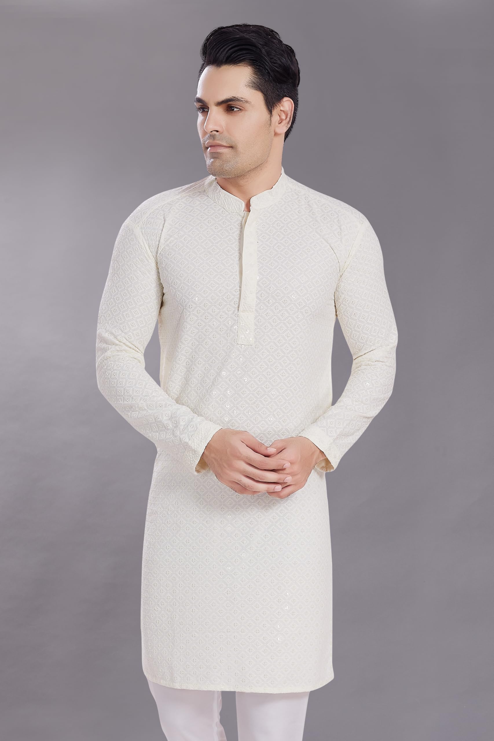 Divisive Men's Sequince Embroidered Cotton Blend Only Slim Fit Kurta (Dkrt525_S_Off White)