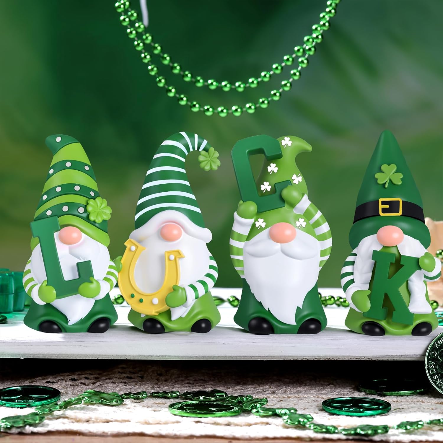 ShinyRelief 4 Pcs St. Patrick's Day Figurines Resin Gnome Tabletop Green Shamrock Sculpture Decoration Irish Lucky Clover Table Centerpiece for Dining Room Home Party Supplies Gifts Decor - Image 2
