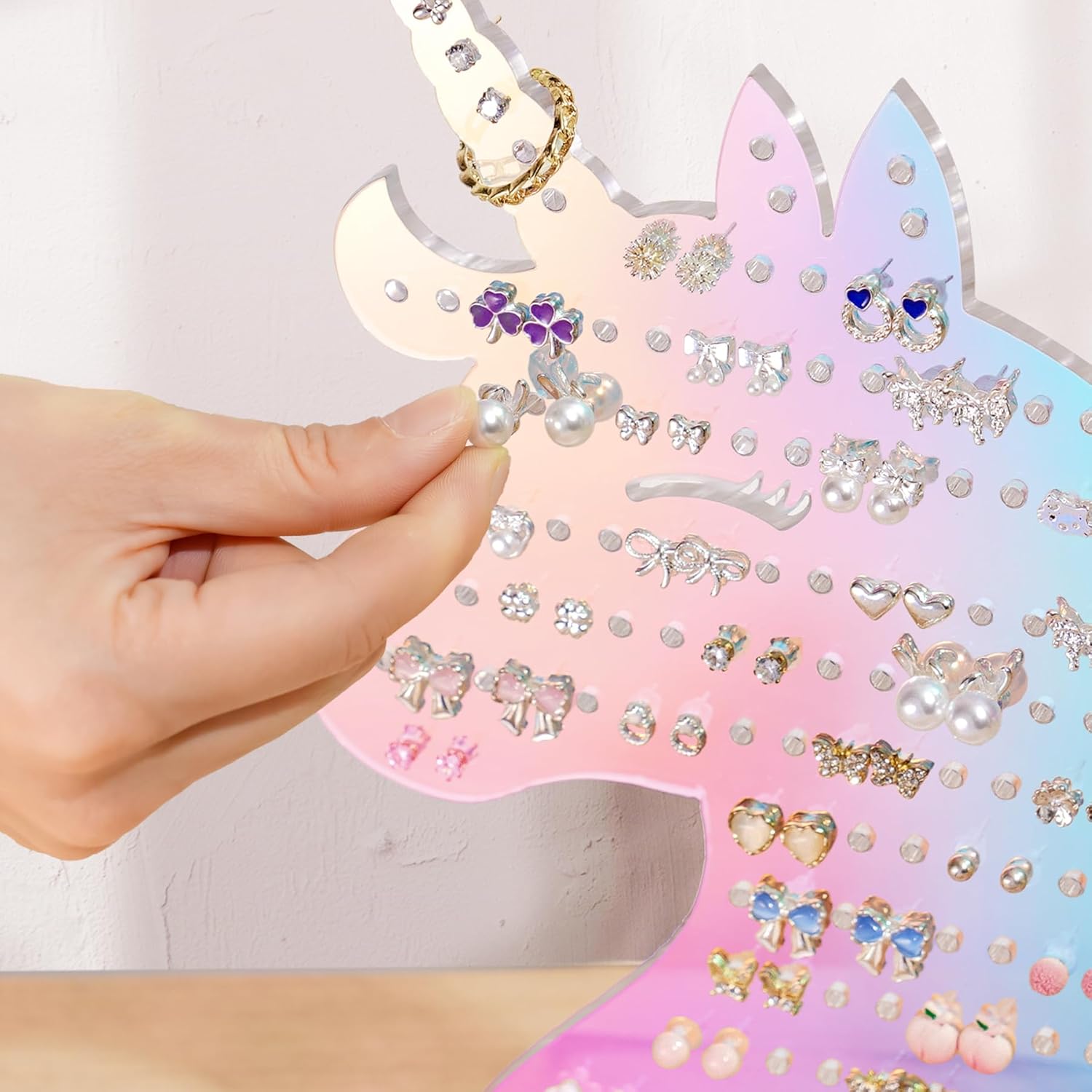 NiHome Acrylic Unicorn Earring Holder with 214 Holes for 80–107 Pairs, Colorful Smiling Unicorn Jewelry Display Stand for Teens & Women,Stud & Dangle Earring Organizer with Anti-Slip Pads(Iridescent)