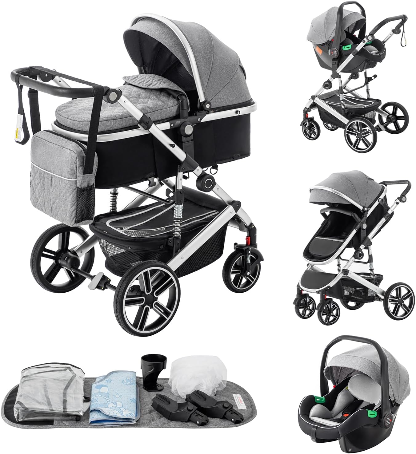 Kakbgee 3-in-1 Pram Travel System, Pushchair Travel Syste with ECE R129 Car Seat, Height Adjustable Handle Baby Pram, High View Aluminum Frame Baby Stroller for Newborn, Grey(0-4Yeas, 22KG)