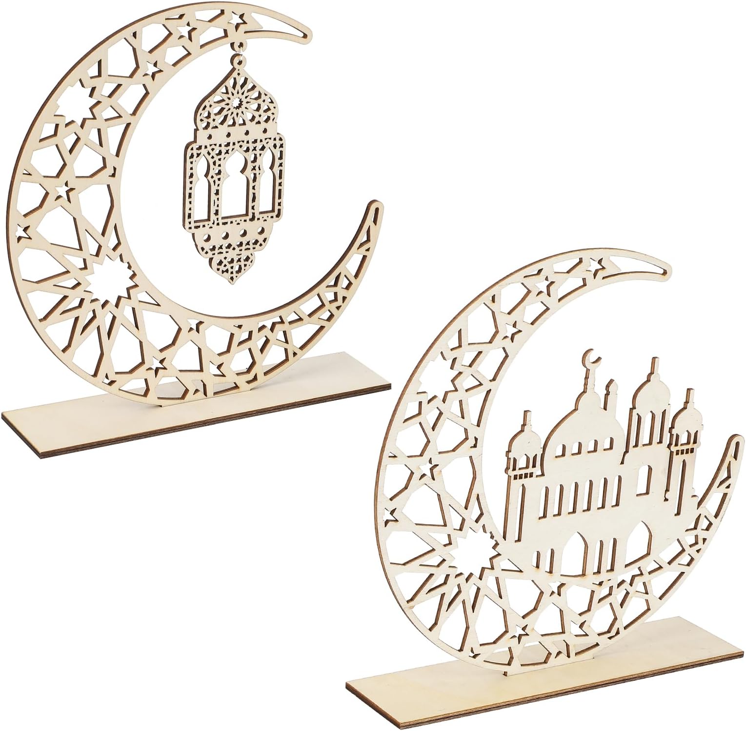 2 Pieces Wood Ramadan Decorations Islamic Eid Mubarak Kareem Table Sign Moon Hollow Star Ornament for Muslim Party Tabletop Decor Home Art Craft Decoration