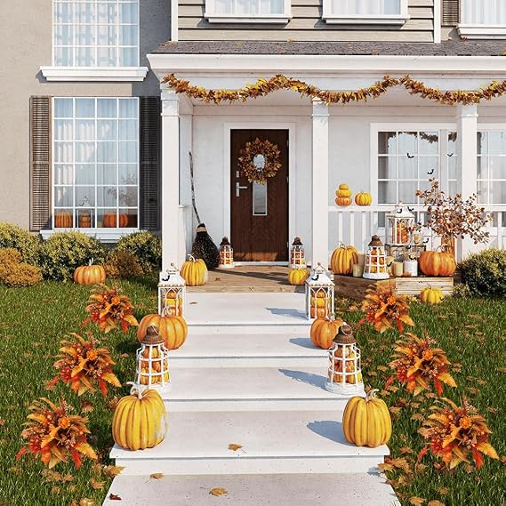 2 Pack Fall Fake Flower Arrangements with Metal Shelf,40 x 30cm Orange Yellow Autumn Plants Flowers for Outdoors with Maple Leaves,Berries,Ferns and Hydrangea,Thanksgiving Floral Arrangements