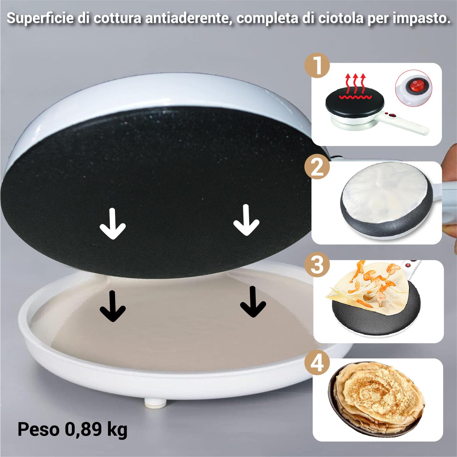 CRISALIDE® Crepiera Elettrica Cordless 800W – Macchina per Crêpes Antiaderente Ø20 cm con Rotazione 360°, Ciotola per Impasto Inclusa, Manico Antiscottatura e Interruttore ON/OFF