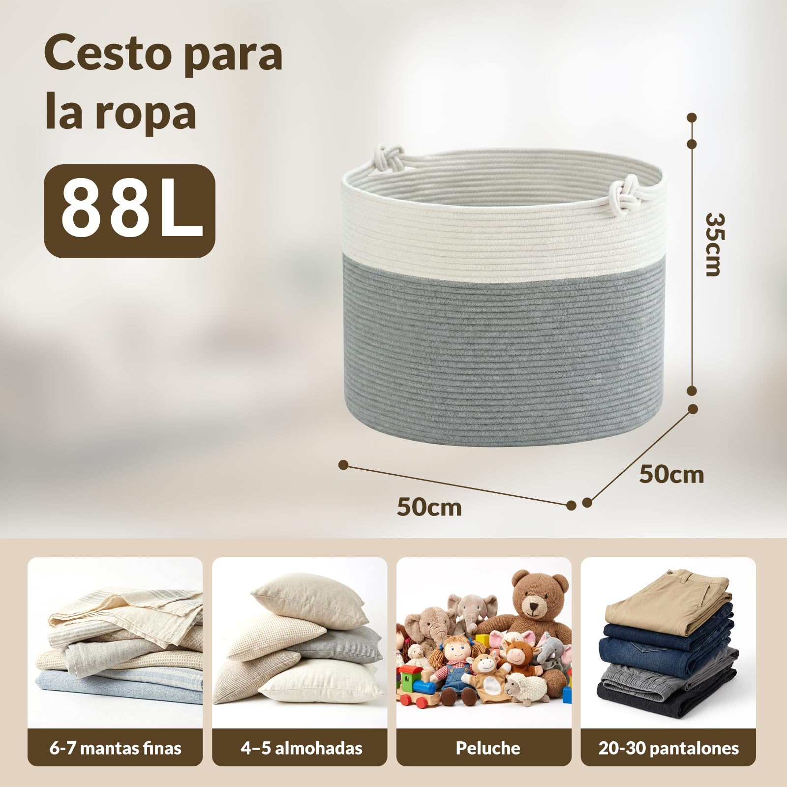 COSYLAND Cesto de Ropa Sucia de Cuerda de Algodón D50 x H35 cm – Cesta para la Ropa Sucia con Asas – Cesto Plegable para Mantas, Juguetes y Lavandería – Blanco Crema y Gris Claro