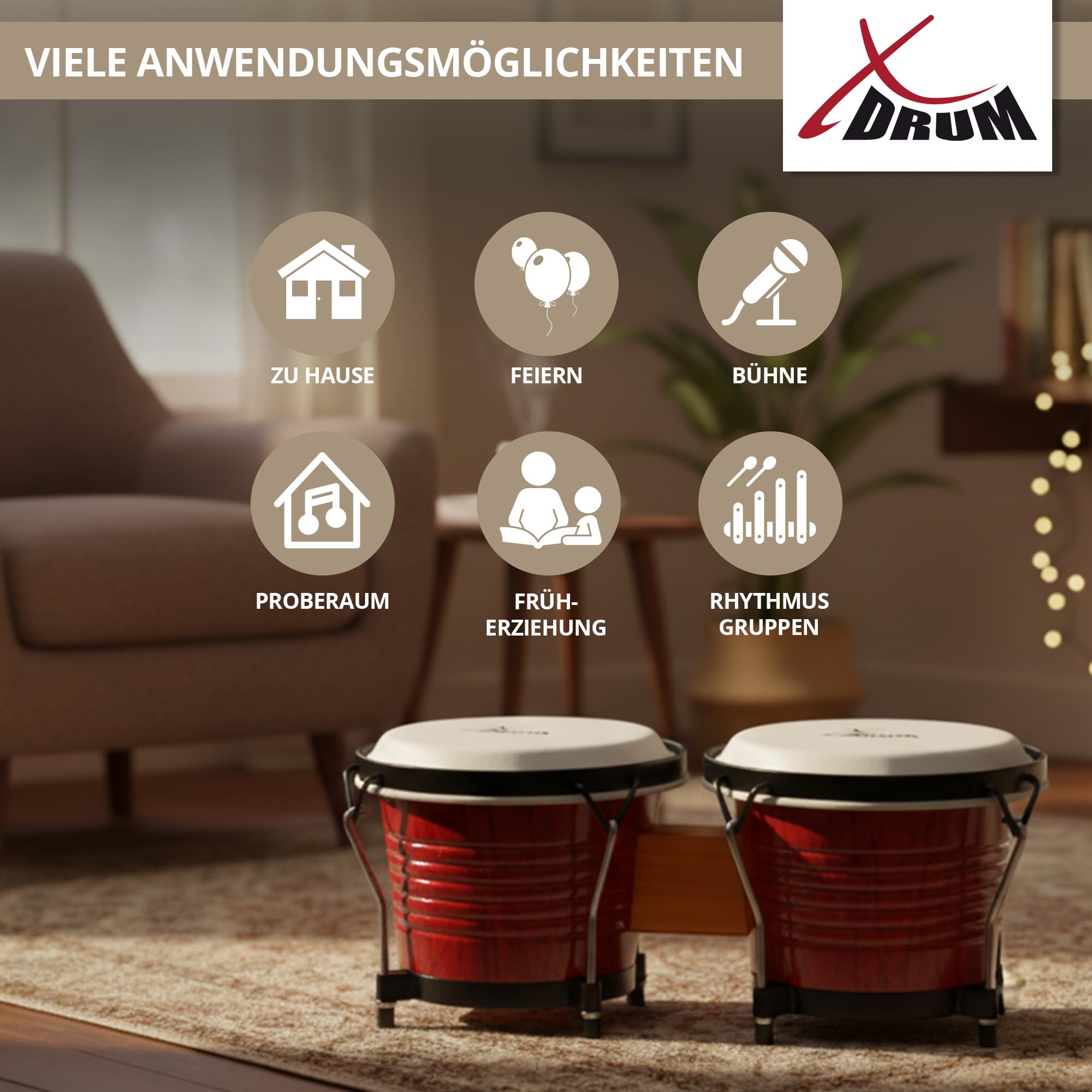 XDrum Bongos Pro Tobacco - 2 Tamburi con diametro 6,5" (17 cm) e 7,5" (20 cm) - Bonghi con pelli naturali accordabili, chiave di accordatura e supporto - Tamburi in legno marrone