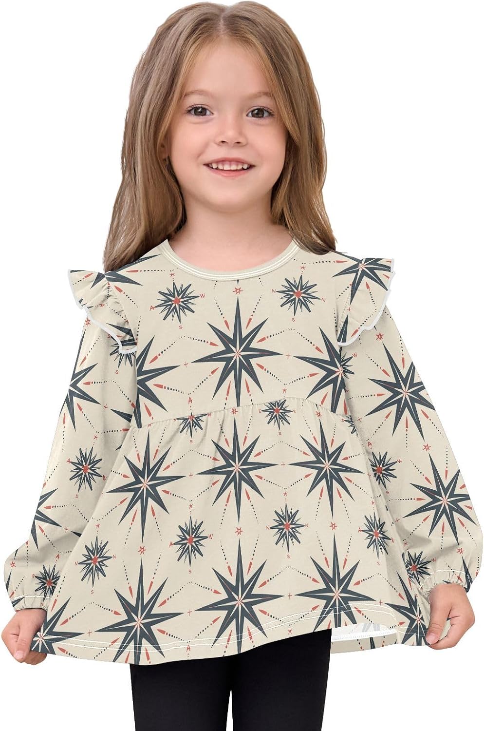 visesunny Toddler Clothes for Girls Kaleidoscope Compass Pattern Long Sleeve Fall Shirts Cotton Top with Ruffle Collar
