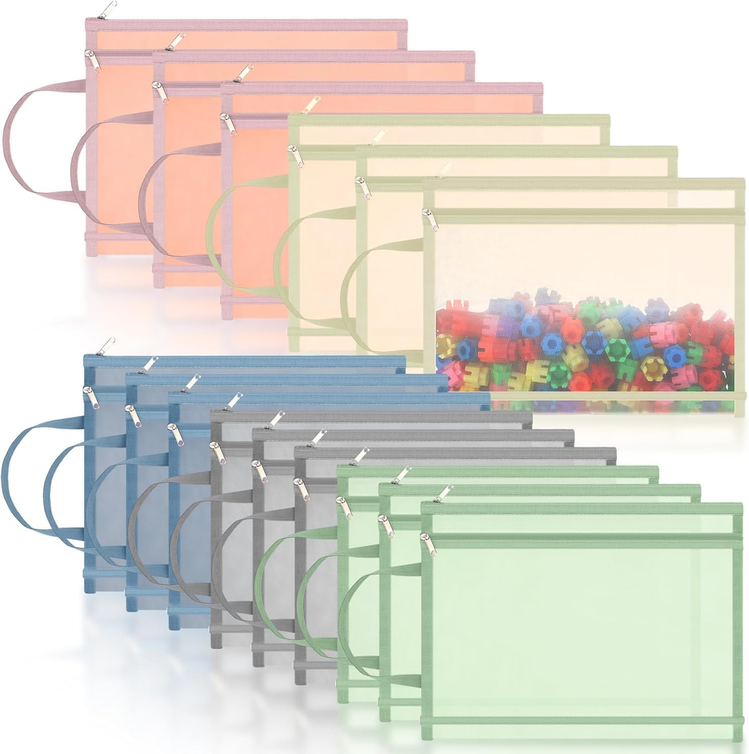 15Pack Colored Mesh Zipper Pouch Bags, Double-Layer Nylon Puzzle Building Block Sets Toy Storage & Organization, Breathable See Through A4 Zipper Pouch with Handle for School Games