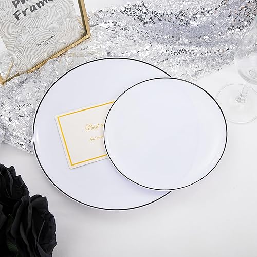 Miniatura 9 de EI 100 platos de plástico blanco y negro, platos de plástico para fiesta, platos llanos de plástico con borde negro, platos de plástico desechable