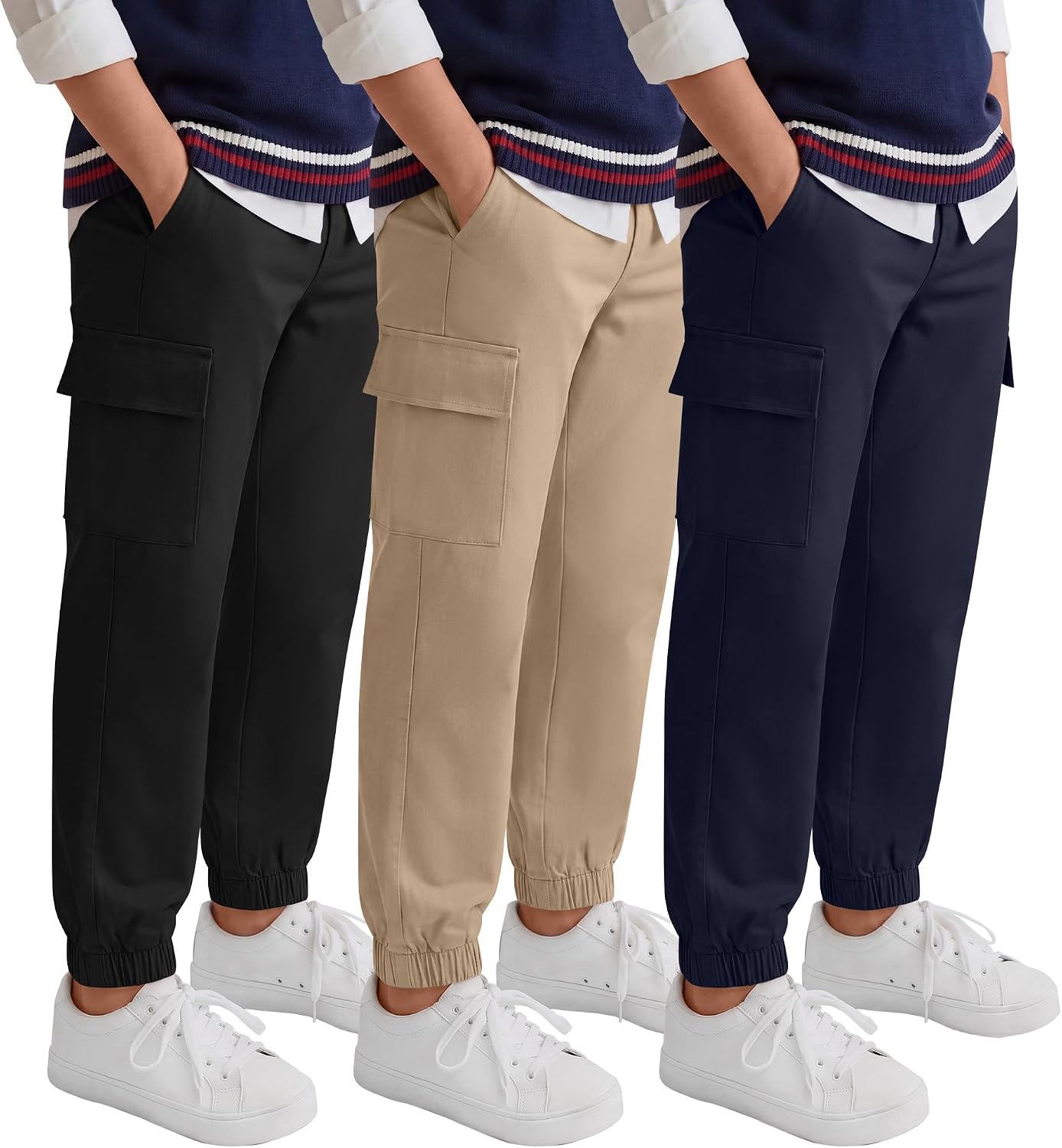 Yooo's Vivi 3 Pack Boy's Uniform Pants School Cargo Elastic Waist Jogger with Pockets Stretchy Pull on Belt Loops 6-14 Years