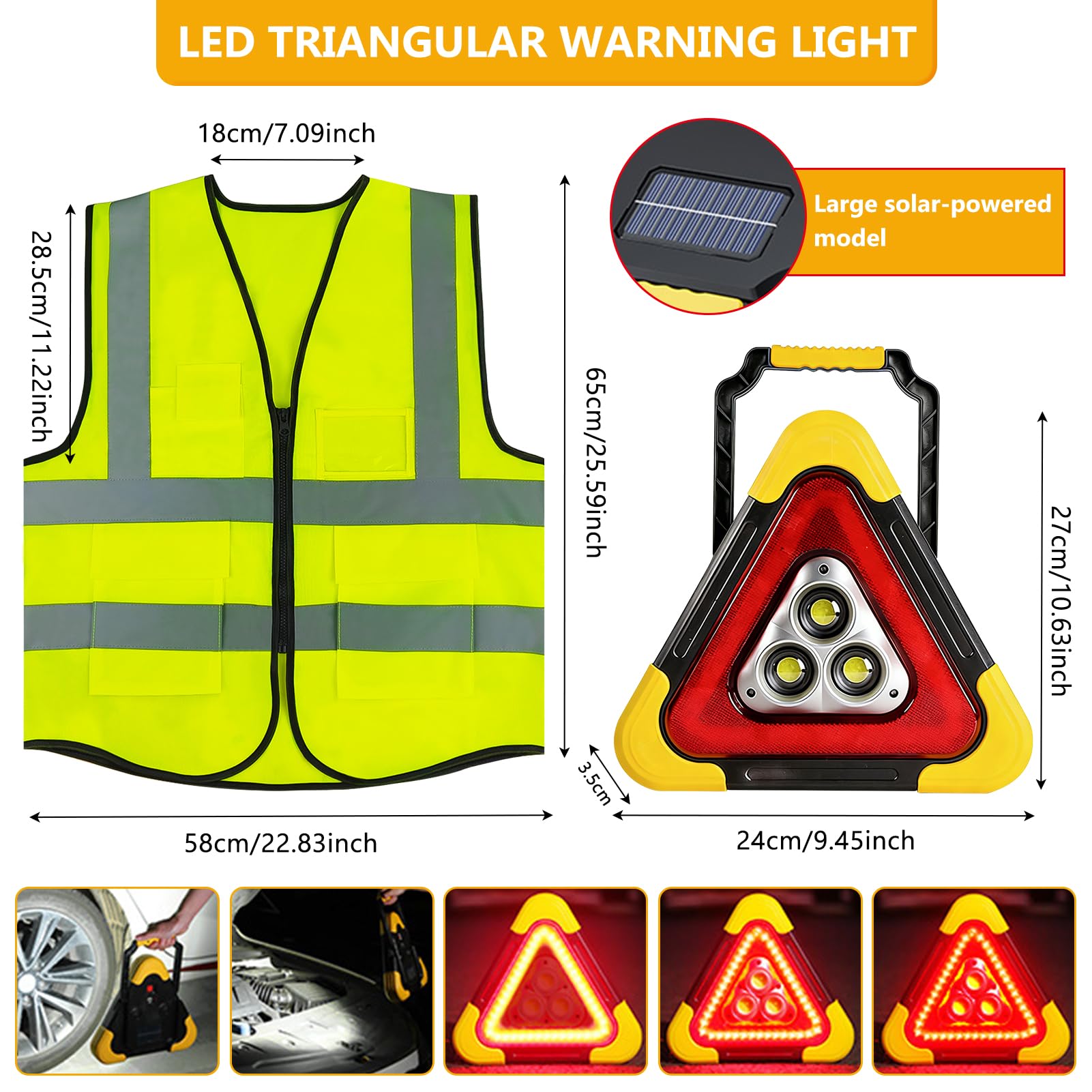 LED Warndreieck Auto Kfz mit Warnwesten Auto, 2-in-1 Solar Pannendreieck mit 4 Lichtmodi & SOS Funktion, Klappbares Tragbares Notfalllicht, Sicherheitsleuchte für Pannenhilfe,Auto,Camping & Reparatur