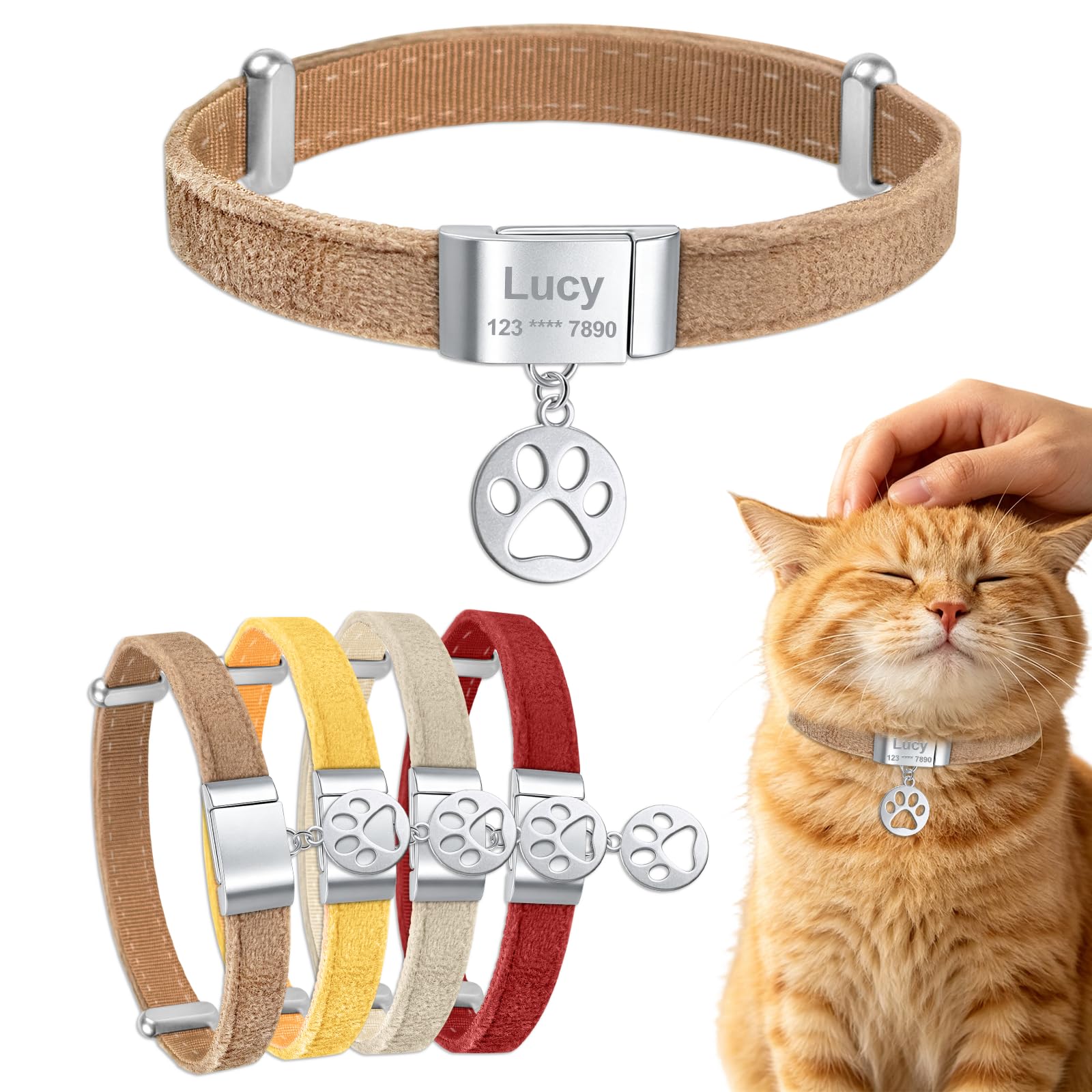 Personalized Breakaway Cat Collars with Magnetic Quick Release Buckle, Velvet Cat Collar Custom Engraved Name Tag for Girls & Boys Cats (B-Cocoa Brown)