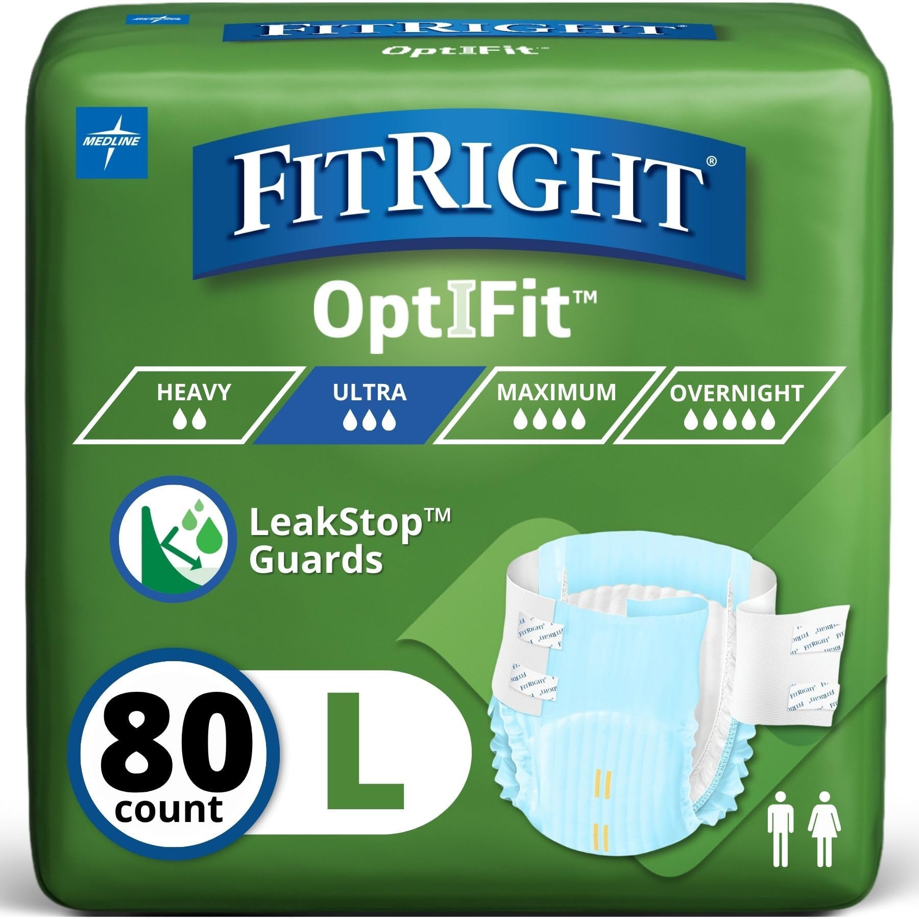 FitRight Adult Diapers, Ultra Heavy Absorbency, L (Waist Size 44in-56in), 80 Count, OptiFit Incontinence Briefs for Men and Women, Disposable, Moisture-Wicking, Leak Protection,