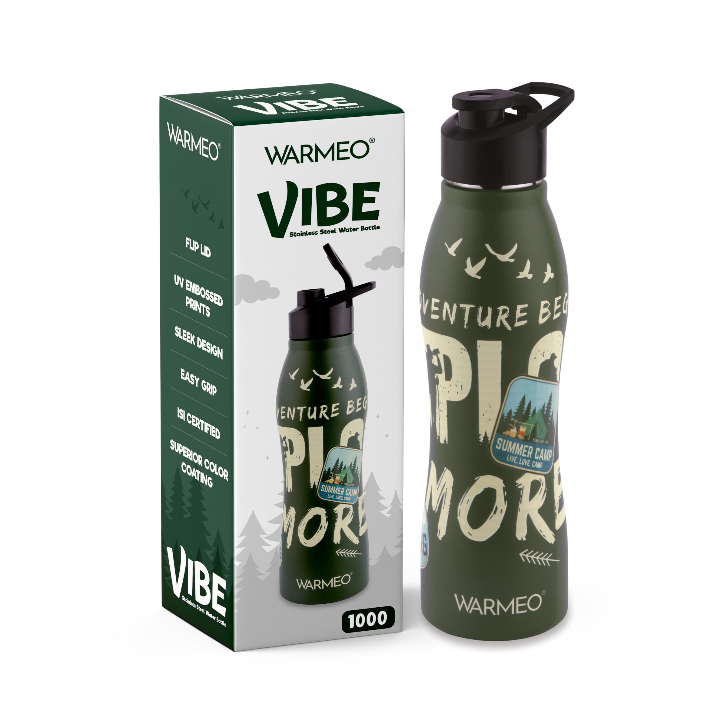 WARMEO VIBE 1000 Stainless Steel Water Bottle 1000 ml | Adventure Theme 3D Embossed Design | Single Walled, ISI Certified I Leak Proof Lid, Rust Proof I For School, Office, Gym I Green