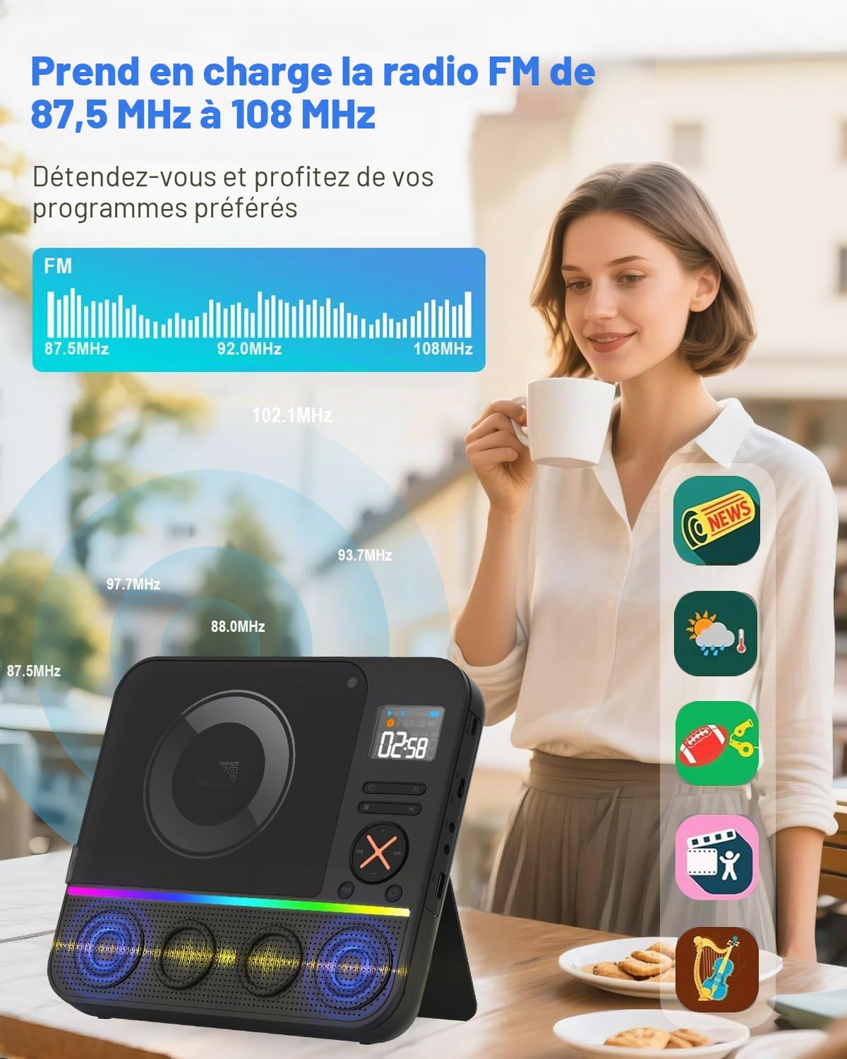Lecteur CD Portable Bluetooth, Boombox Lecteur CD de Bureau avec Radio FM Bluetooth et écran LED RVB Double Haut-Parleur Intégré Compatible USB/AUX pour la Maison Lecteurs CD Portable