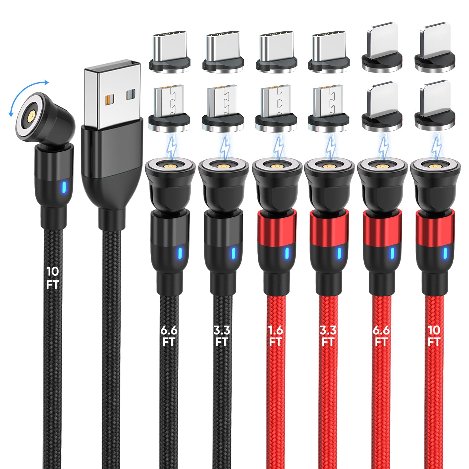 Cavo di ricarica magnetico, caricatore magnetico rotante a 540° [confezione da 7, 0,5 m/0,9 m/0,9 m/1,8 m/1,8 m/3 m/3 m] Cavo USB magnetico intrecciato in nylon 3 in 1 per iProduct/Micro