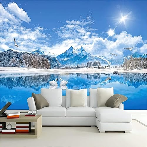 Snowy Mountain Lake Bird - Papel tapiz 3D para fotos grandes, murales de pared de paisajes naturales, papel tapiz mural para sala de estar,