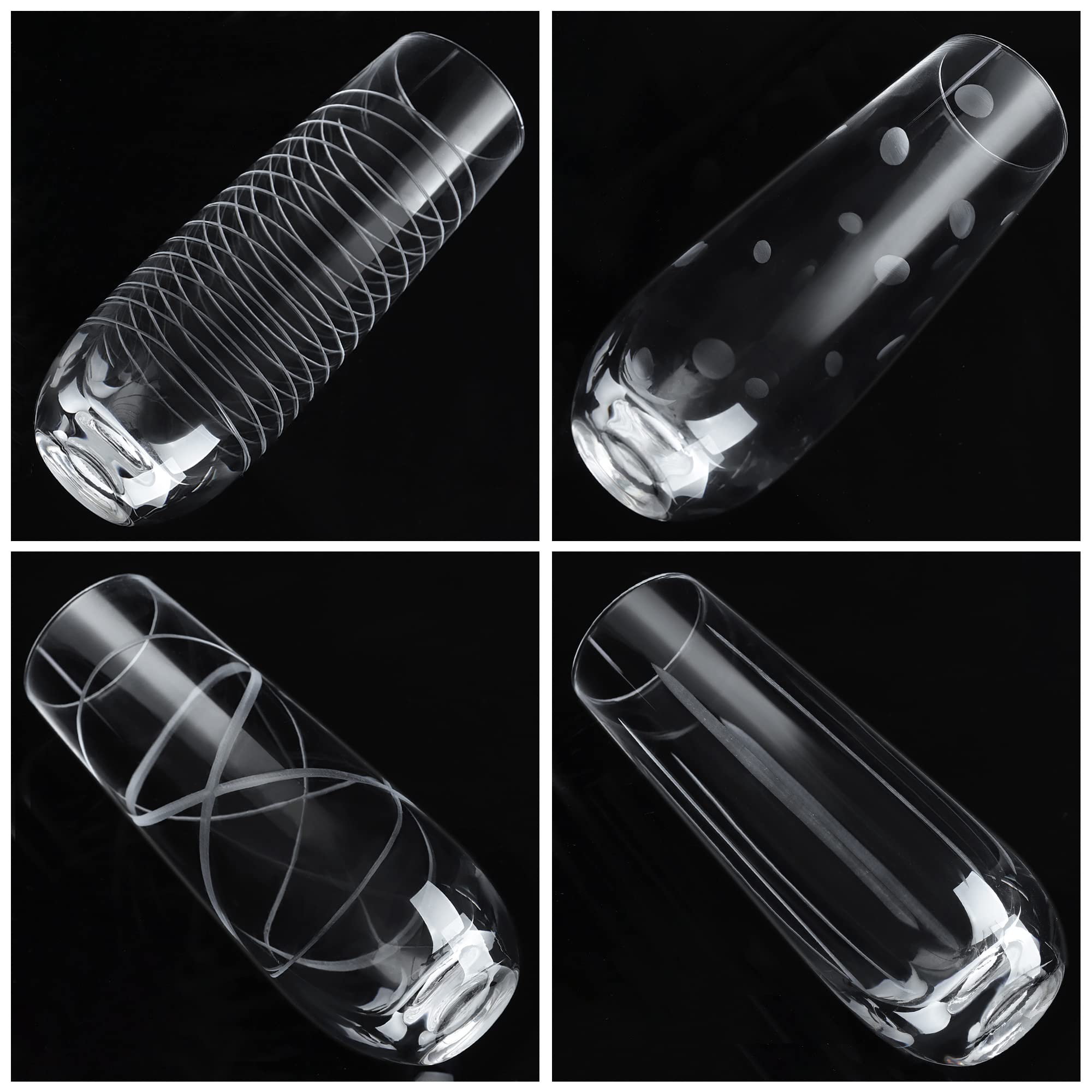 Joeyan 290ml Flute di Champagne Senza Stelo Inciso - Set di 4 Bicchiere da Champagne con Modello di Punti e Linee - Calici da Vino per Casa, Ristorante, Bar - Regalo per Uomo o Donne
