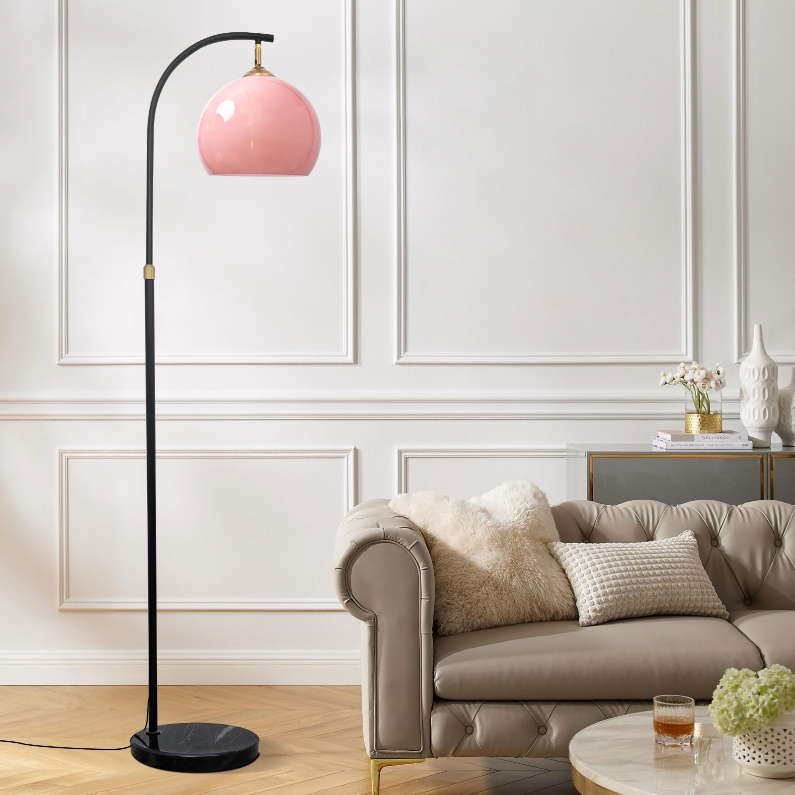 Klkrzjwy Girls Black+Pink Pink Arc Floor Lamp Modern Glass Globe Shade With Real Marble Base