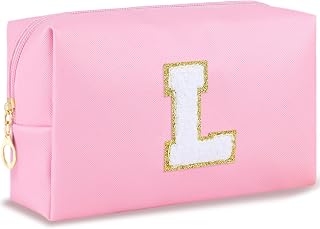 URSKYTOUS Initial Makeup Bag for Women Travel Small PU Leather Cosmetic Bag Cute Pink Personalized Preppy Chenille Letter Makeup Pouch for Purse Zippered Toiletry Organizer Makeup Case Ideal Gift（L）