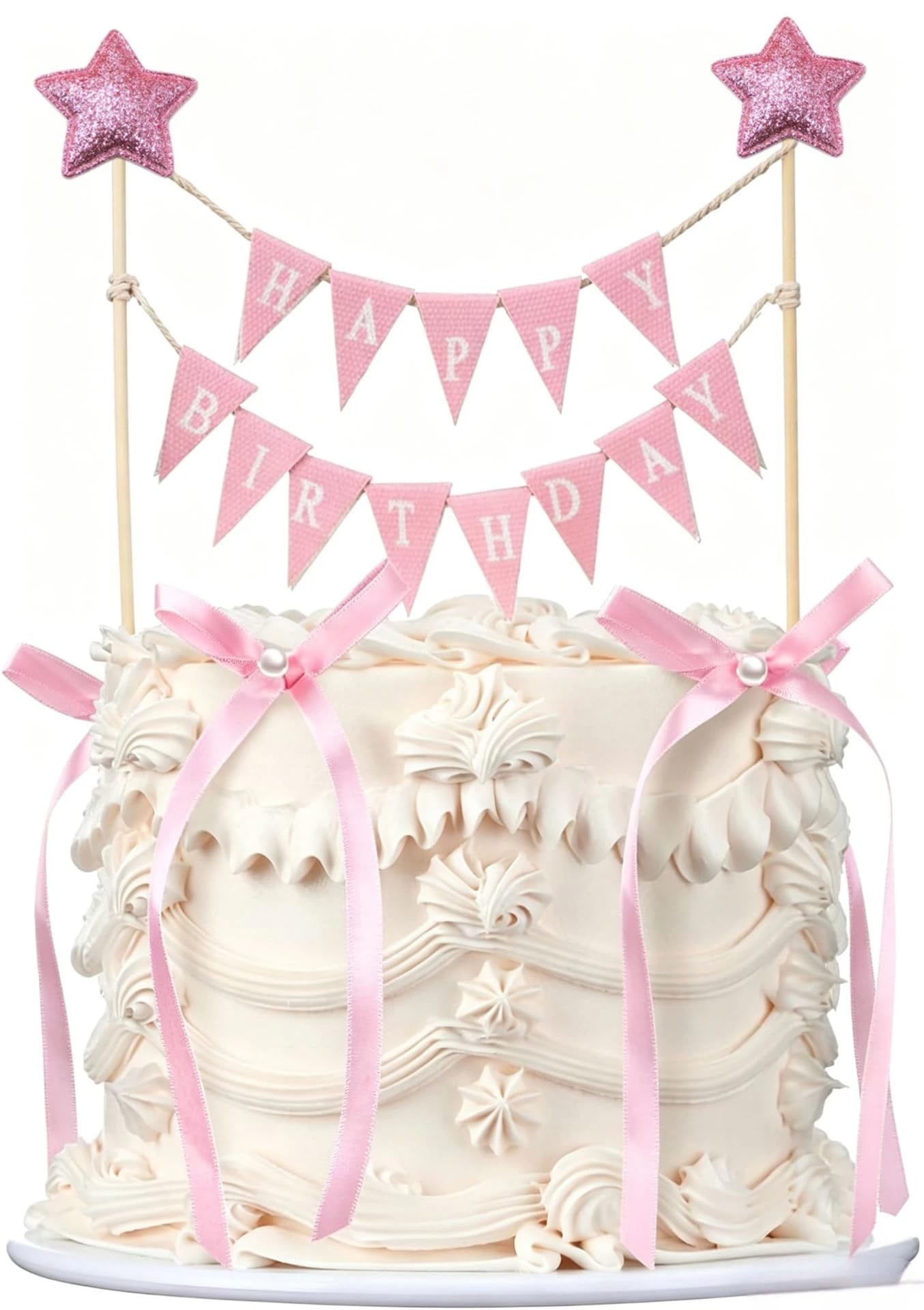 Pink Happy Birthday Cake Topper Bunting Set, Polyester, Glitter Star Flags