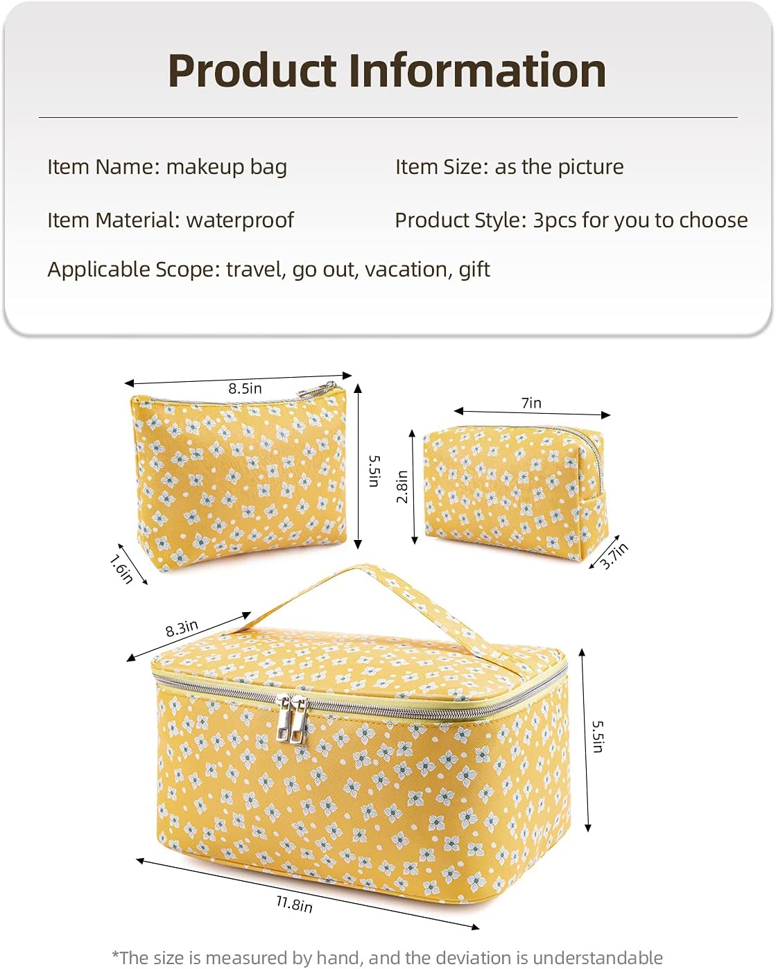 SAMZSKY Makeup Bag Set, 3 Pcs Portable Travel Cosmetic Bag Waterproof Organizer Case with Zipper Toiletry Bags, Gift for Women (Yellow) : Beauty & Personal Care