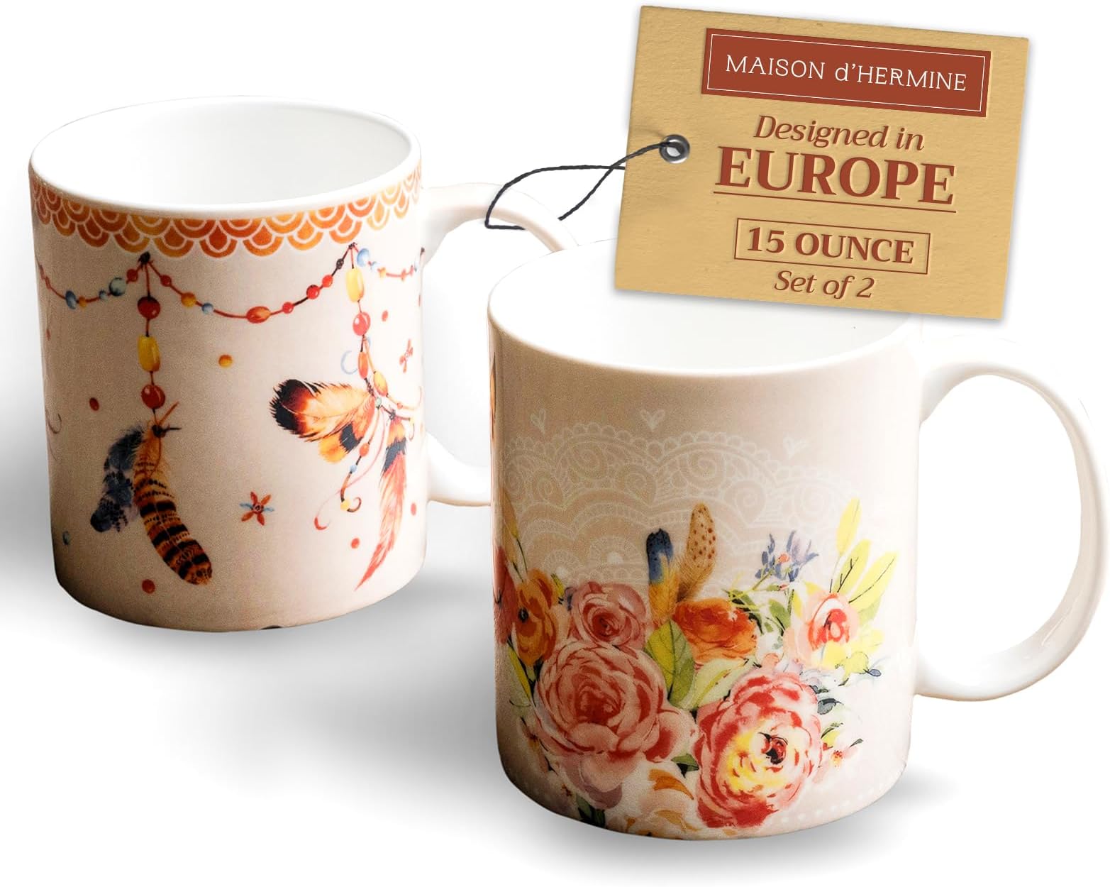 Maison d' Hermine Coffee Mug with Handles Fine Bone China Pack of Two Coffee Mug for Hot Beverages Cappuccino Latte Home Restaurant Perfect for Men & Women (Ibiza - Beige, 15 Ounce)