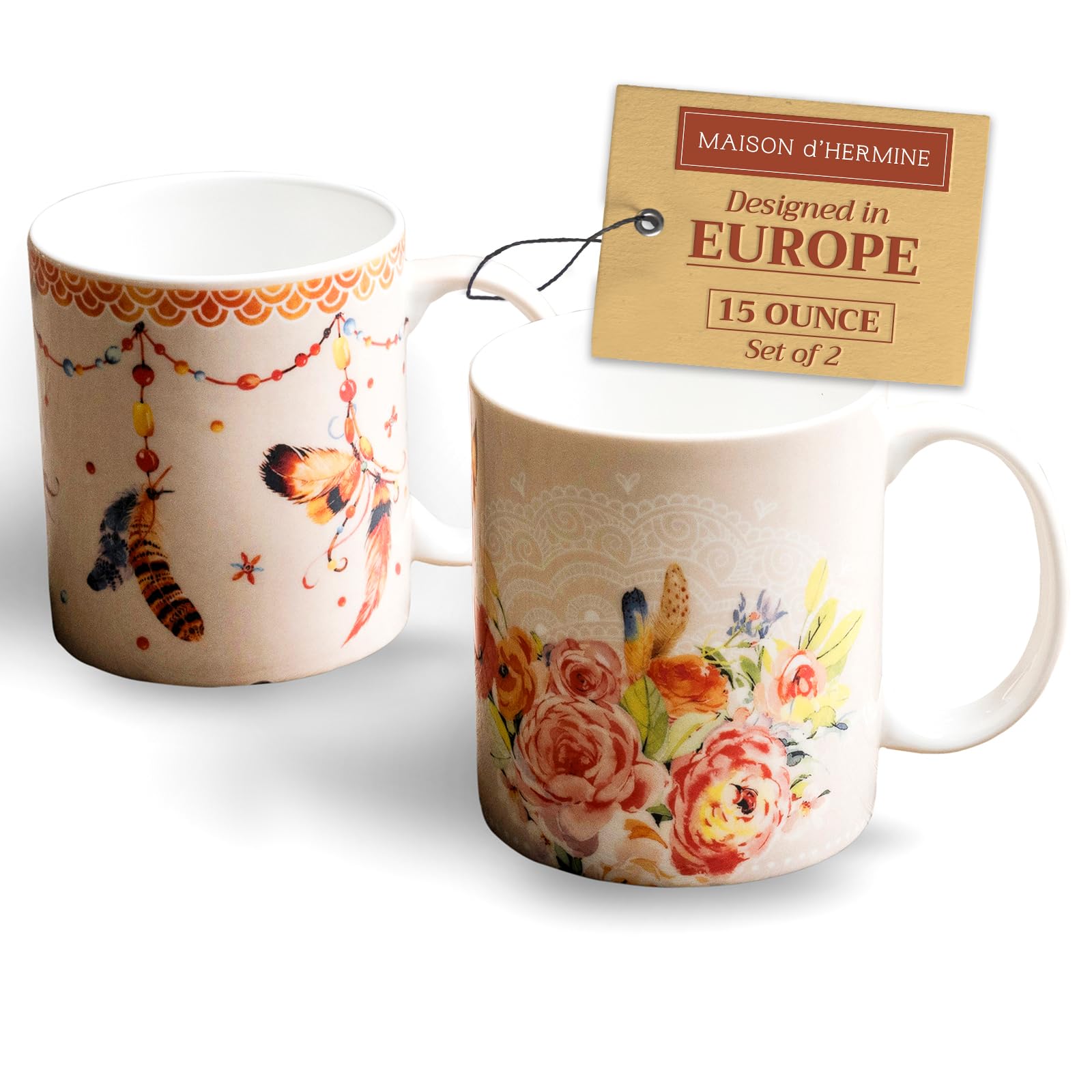Maison d' Hermine Coffee Mug with Handles Fine Bone China Mugs Pack of Two Tea Cups for Hot Beverages Cappuccino Latte Home Restaurant Office Perfect for Gift (Ibiza - Beige, 15 Ounce)