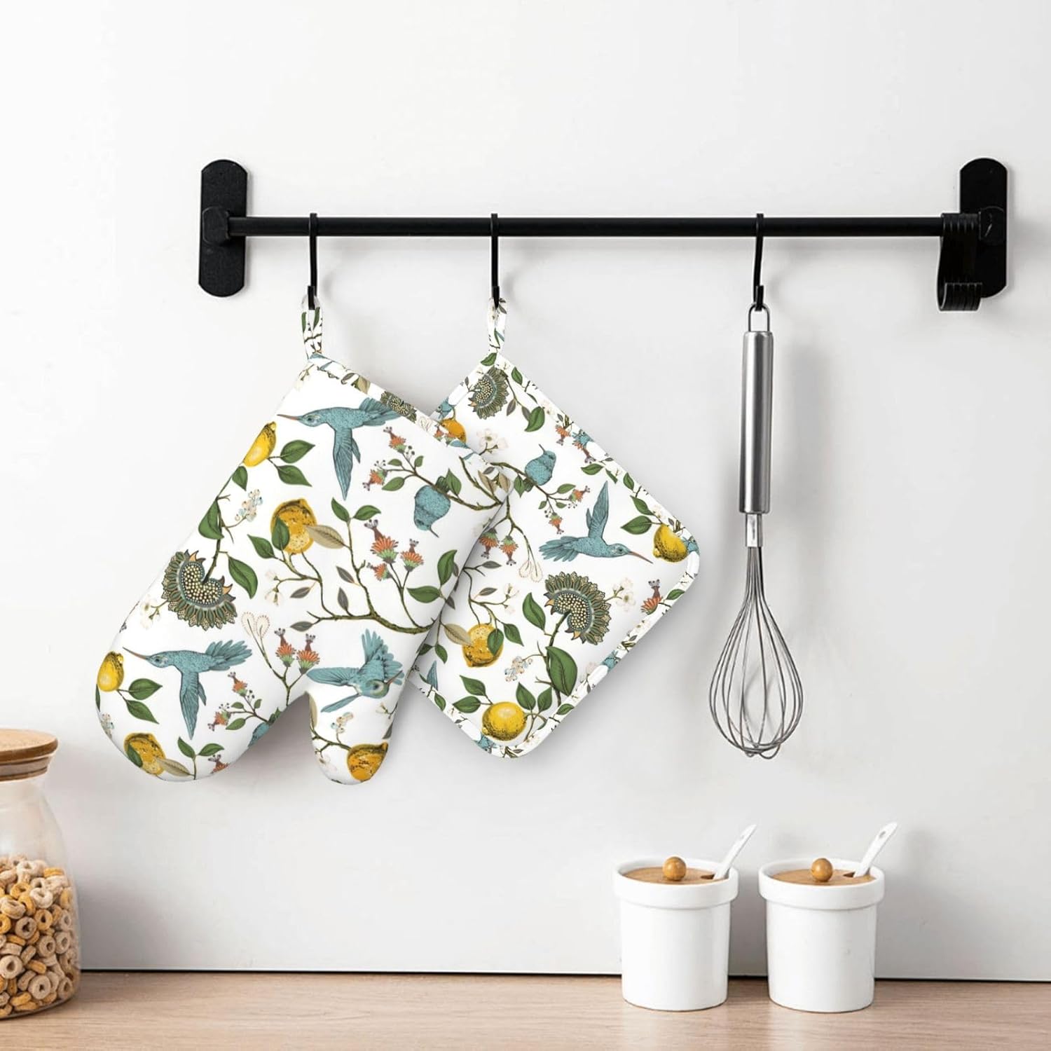 Hummingbird Lemon Flowers Oven Mitts and Pot Holders Sets, Home Silicone Heat Resistant BBQ Gloves for Kitchen Baking Cooking Grilling Microwave