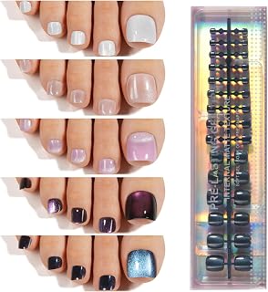 150Pcs Cat Eye Toe Nail Tips, Plauva Toe Press on Nails, 5 Colors Glossy Glitter Cat Eye Fake Nails, Soft Gel Stick On Nails for Women and Girls 15 Sizes