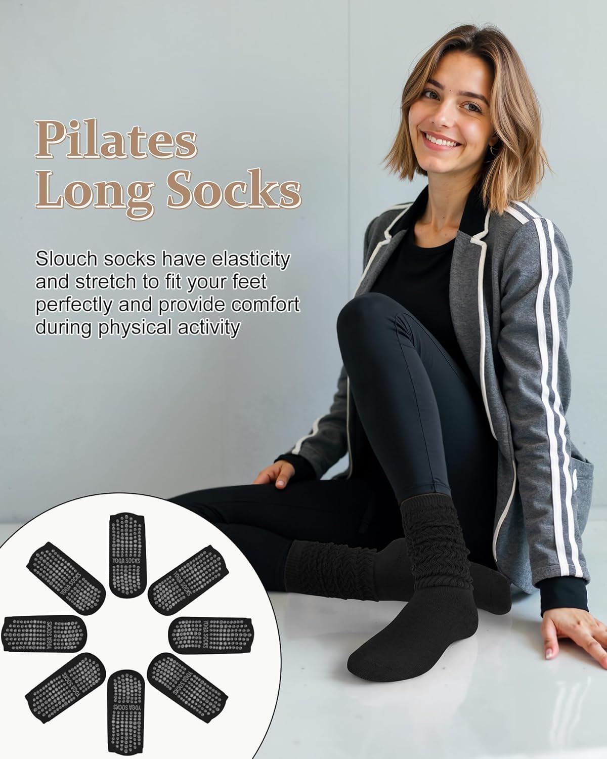 4 Pairs Pilates Grip Scrunch Socks for Women, Long Cotton Non Slip Slouch Yoga Calf Socks Slipper Crew Stockings - Image 7