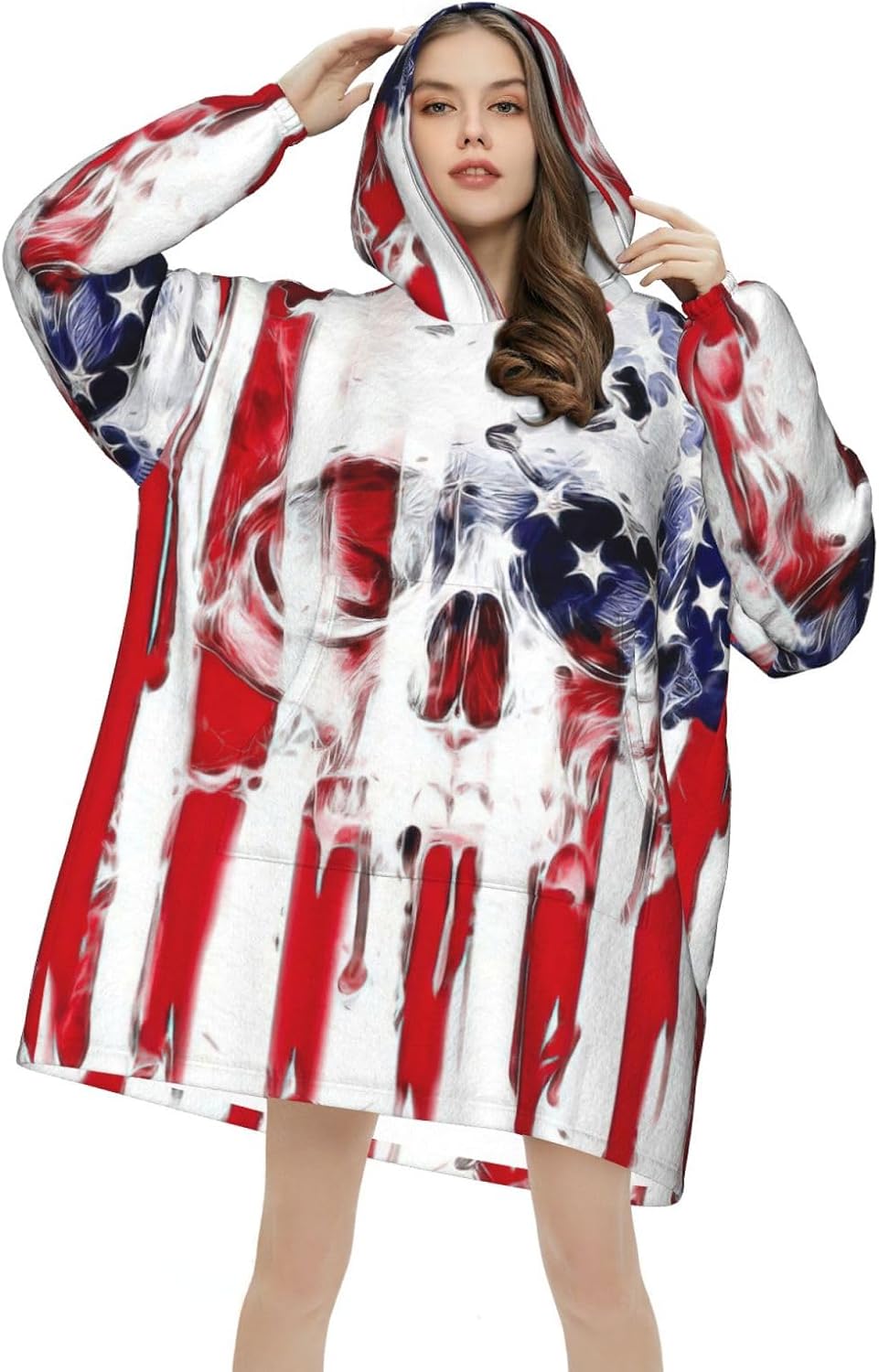 American Flag Skullprint Oversized Hoodie Blanket, Super Soft Warm Comfortable Hoodie, Wearable Blanket Adult