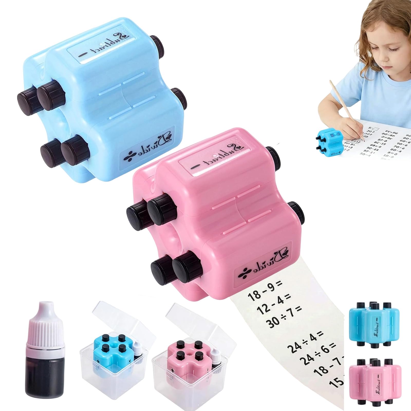 4 in 1 Math Roller Stamp Set, Smart Math Stamp Roller, Reusable Addition Subtraction Multiplication Division Practice Tool, Brain Improvement Device for Kids (Pink+Blue)