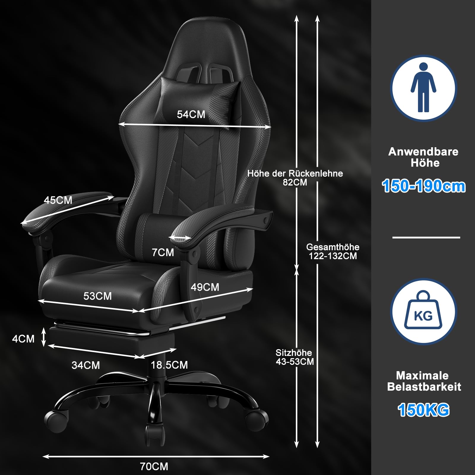 Devoko Ergonomischer Gaming Stuhl mit Massagefunktion und ausziehbarer Fußstütze, verstellbare Rückenlehne 90-135°, Komfortabler Bürostuhl für Home Office, Computersessel 150kg Belastbarkeit, Schwarz