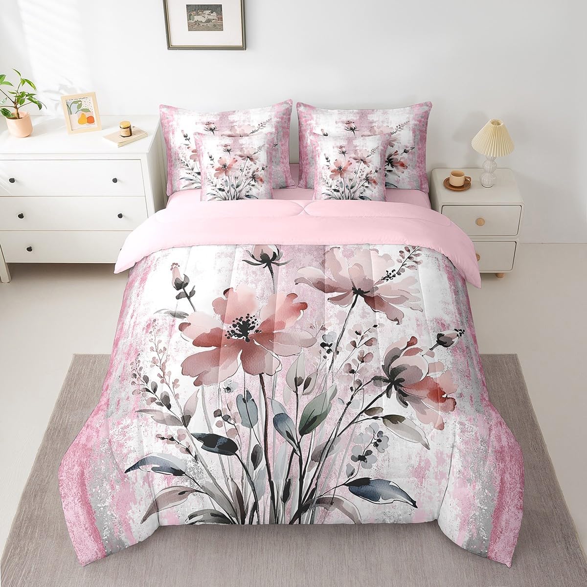 Erosebridal Abstract Oil Painting Print Twin Beddings 7 Piece for Girls - Rustic Farmhouse Comforter Set with Pink Autumn Floral, Ombre Pink Gray Bed Set for Kids Farm Country Wooden Sheets Set