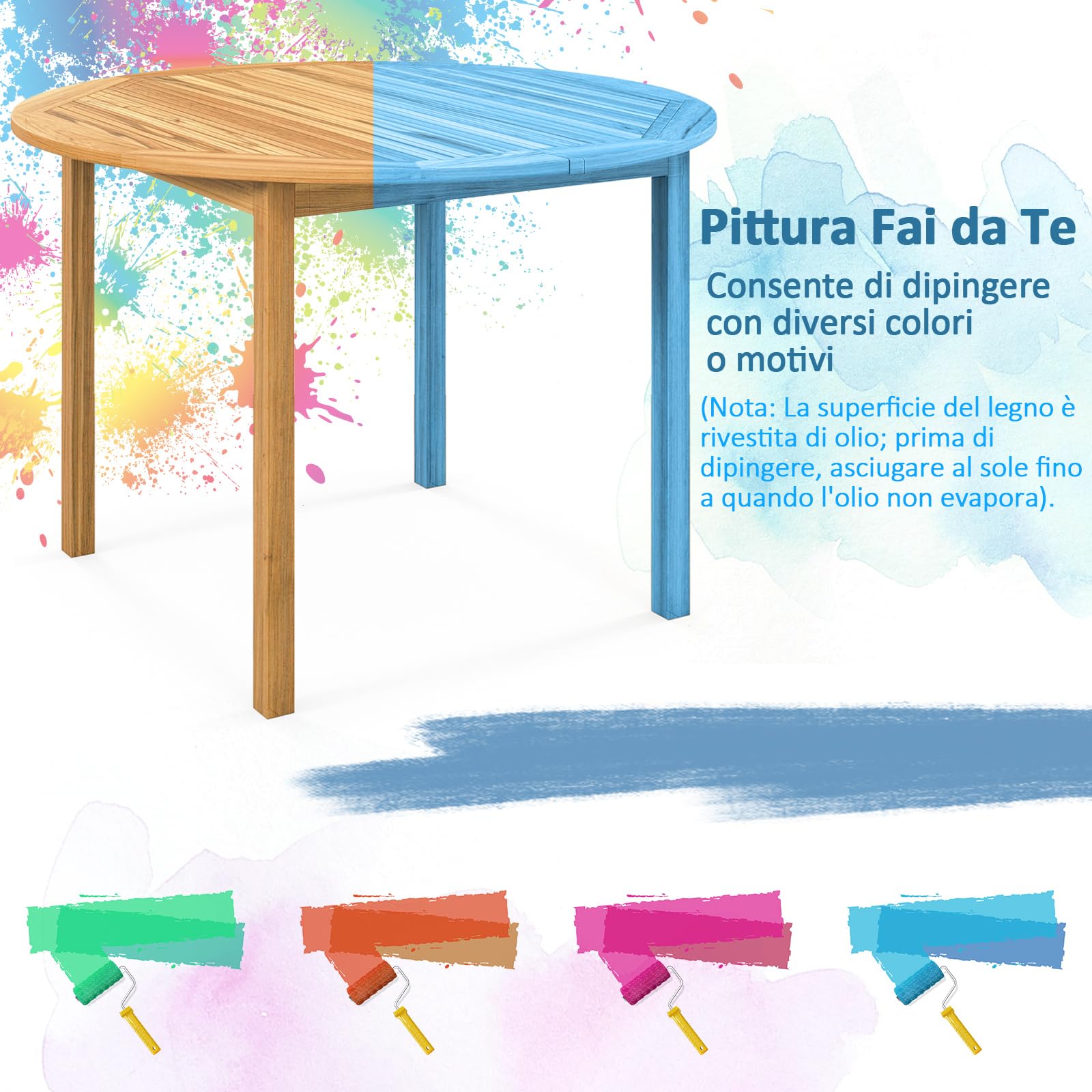 COSTWAY Tavolo da Pranzo Rotondo Giardino, in Legno di Acacia, per 4 Persone, Tavolo Pranzo per Esterno e Interno, Portata 75 kg, 100 x 100 x 75 cm