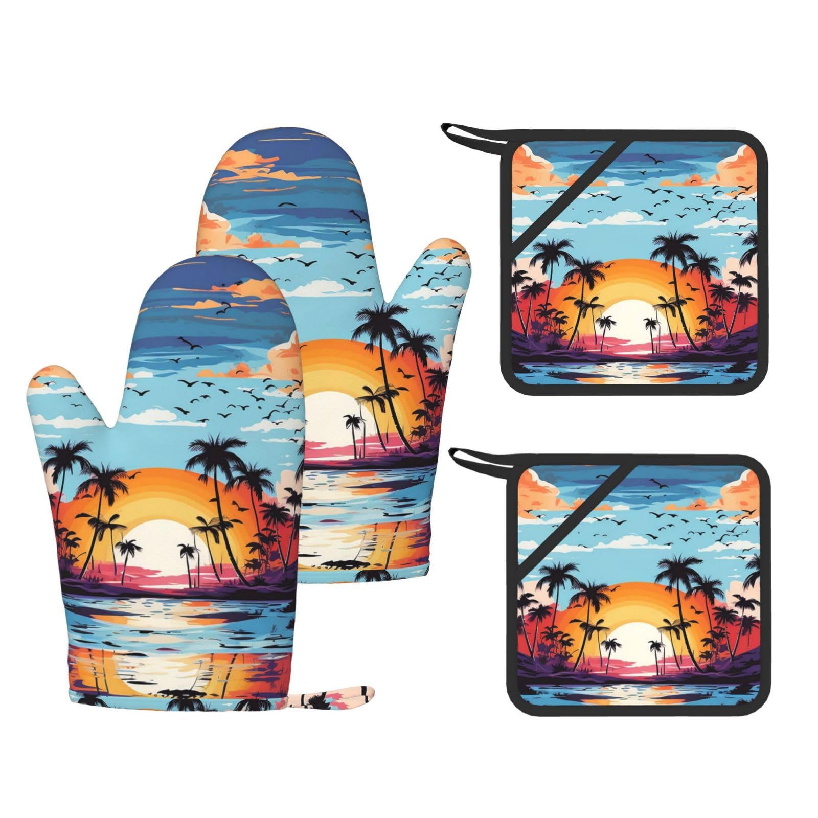 4 Pcs Kitchen Oven Mitts Sea and Palm Trees Oven Mitts and Pot Holders Non-slip Silicone Kitchen Gloves for Cooking Baking Grilling Kitchen Essentials