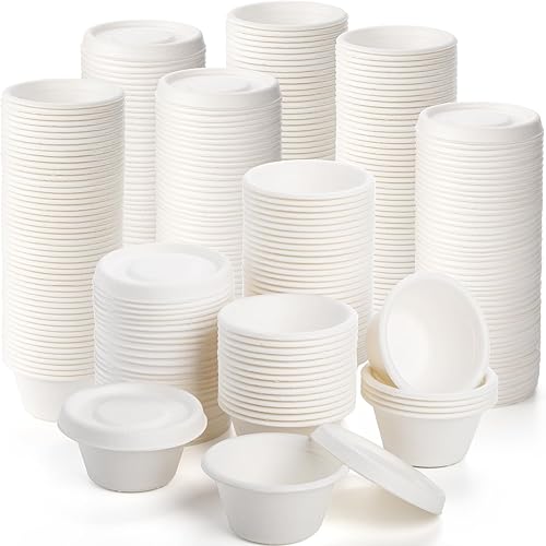 Yesland 400 Piezas de Tazas de Fibra de Bagazo Natural de 2 oz con Tapas, Tazas de Papel Blanco Desechables para Muestras de Comida, Envases de