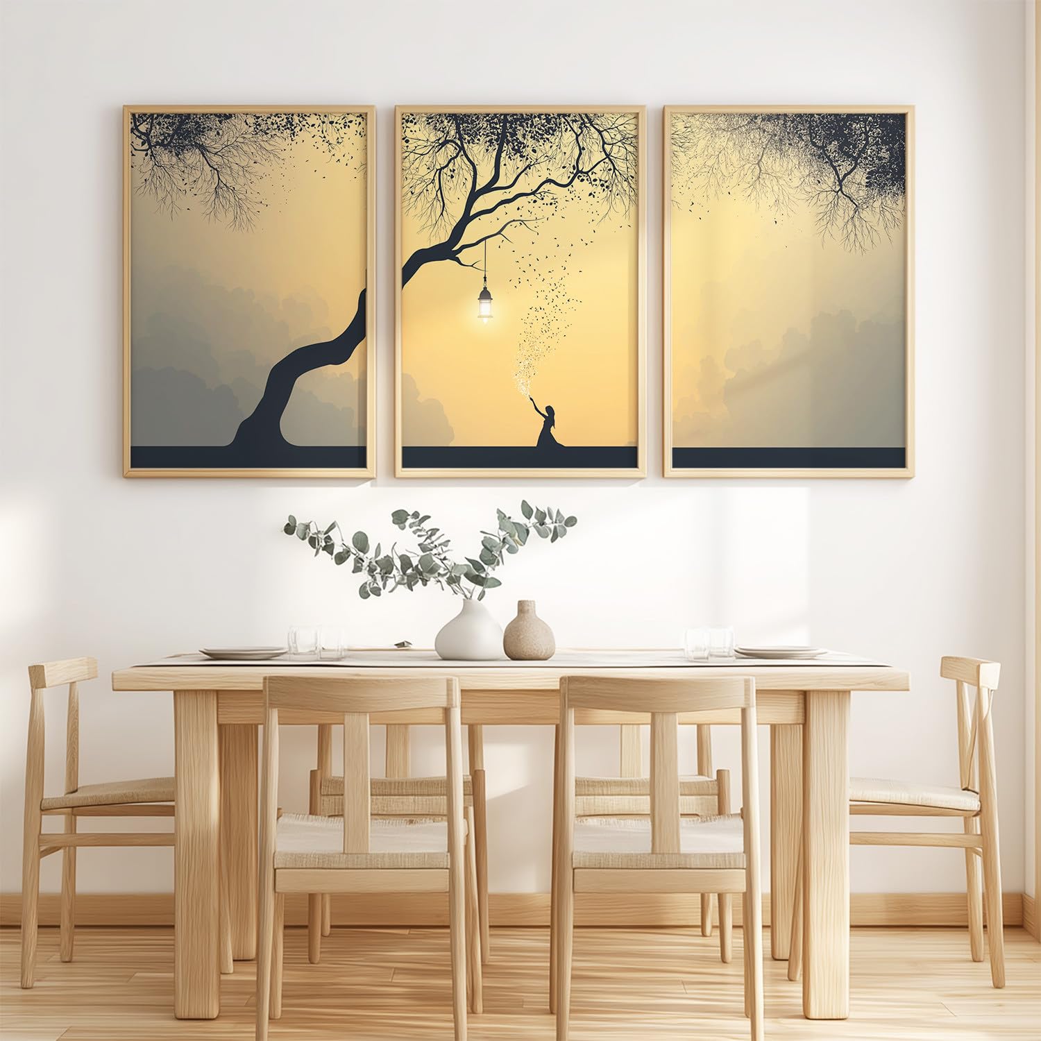 Set di 3 stampe artistiche da parete con sagoma fantasy, con albero ragazza principessa, immagini estetiche romantiche per soggiorno, giardino, corridoio, ufficio, galleria, grande stampa su tela (40