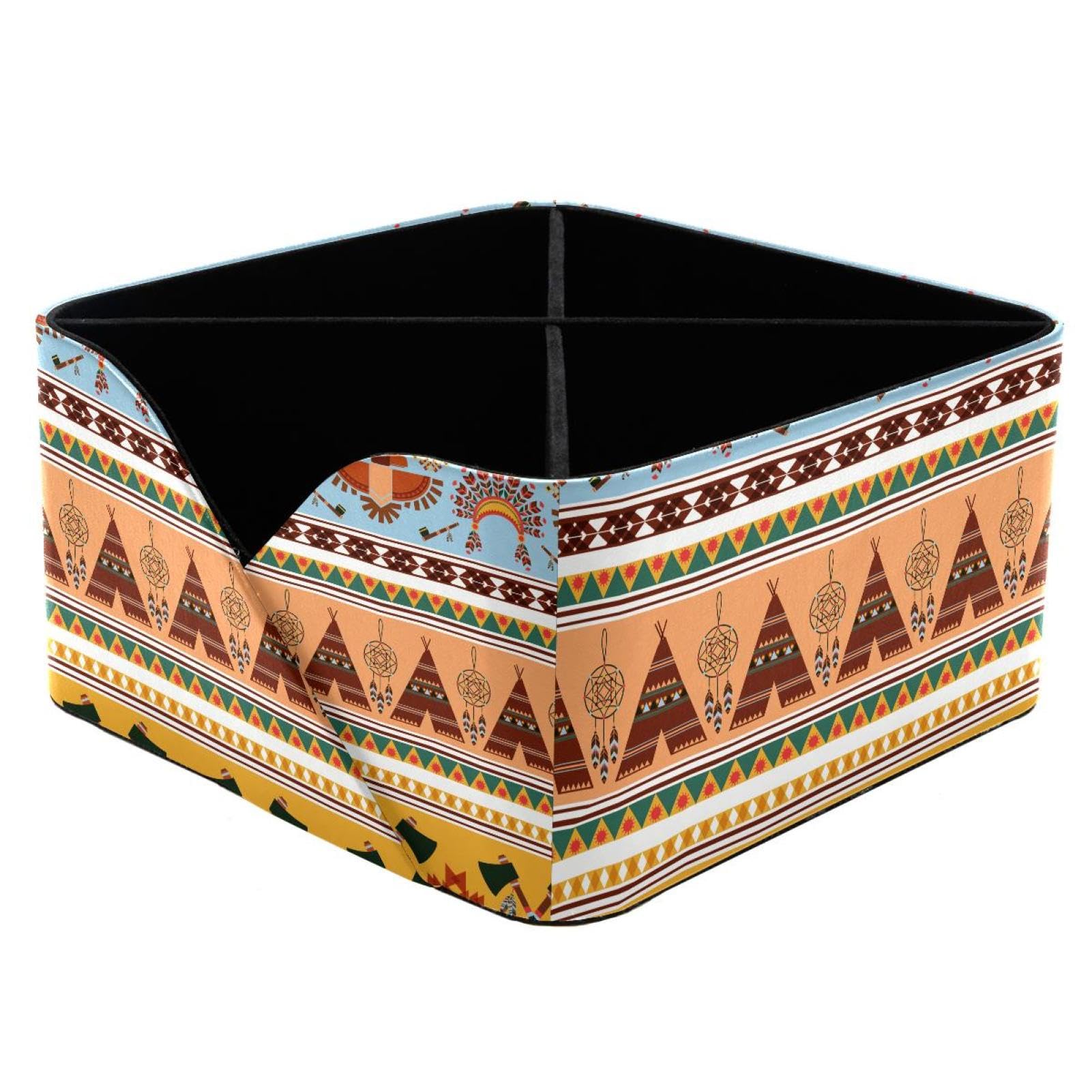 KengjuTesu North American Indian Pattern Desktop Organizer Pen Holder, Rectangular Pencil Cup for Office, Study and Makeup Stations