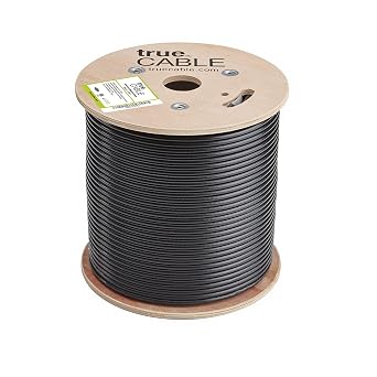 TRUECABLE RG6 Outdoor Dual Shield Bulk Coaxial Cable, 500ft, Black, Direct Burial (CMX), 75 Ohm, 18 AWG Bare Copper Conductor, UV Resistant, 3GHz Sweep Tested