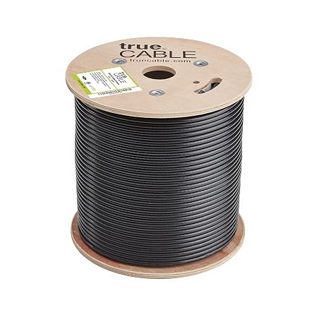TRUECABLE RG6 Outdoor Dual Shield Bulk Coaxial Cable, 500ft, Black, Direct Burial (CMX), 75 Ohm, 18 AWG Bare Copper Conductor, UV Resistant, 3GHz Sweep Tested